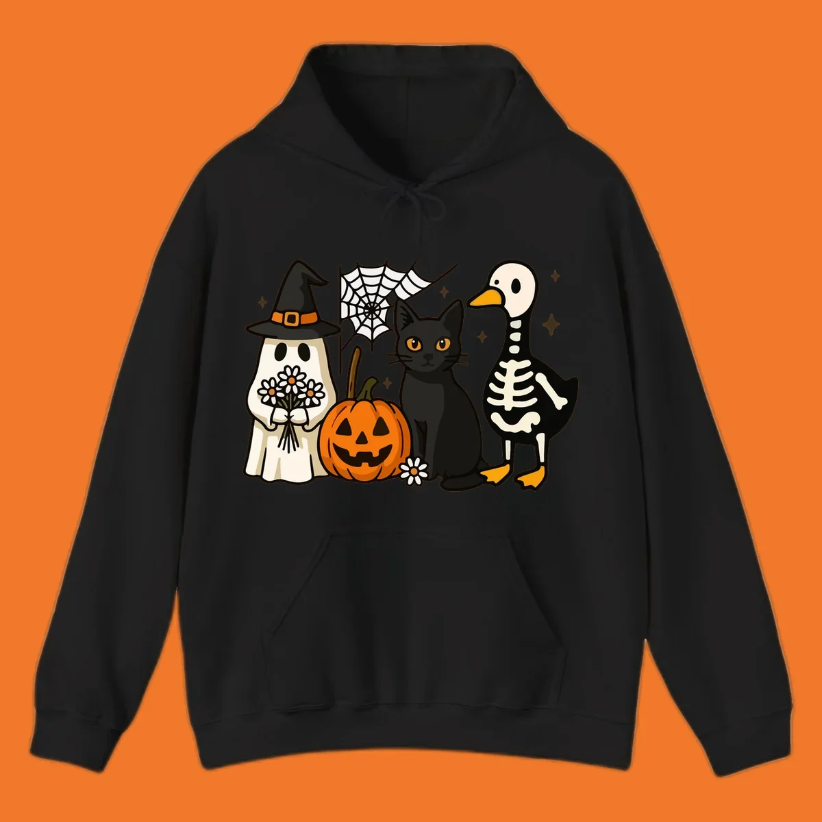 Cute Halloween critters ghost, cat, pumpkin, and skeleton duck illustration.