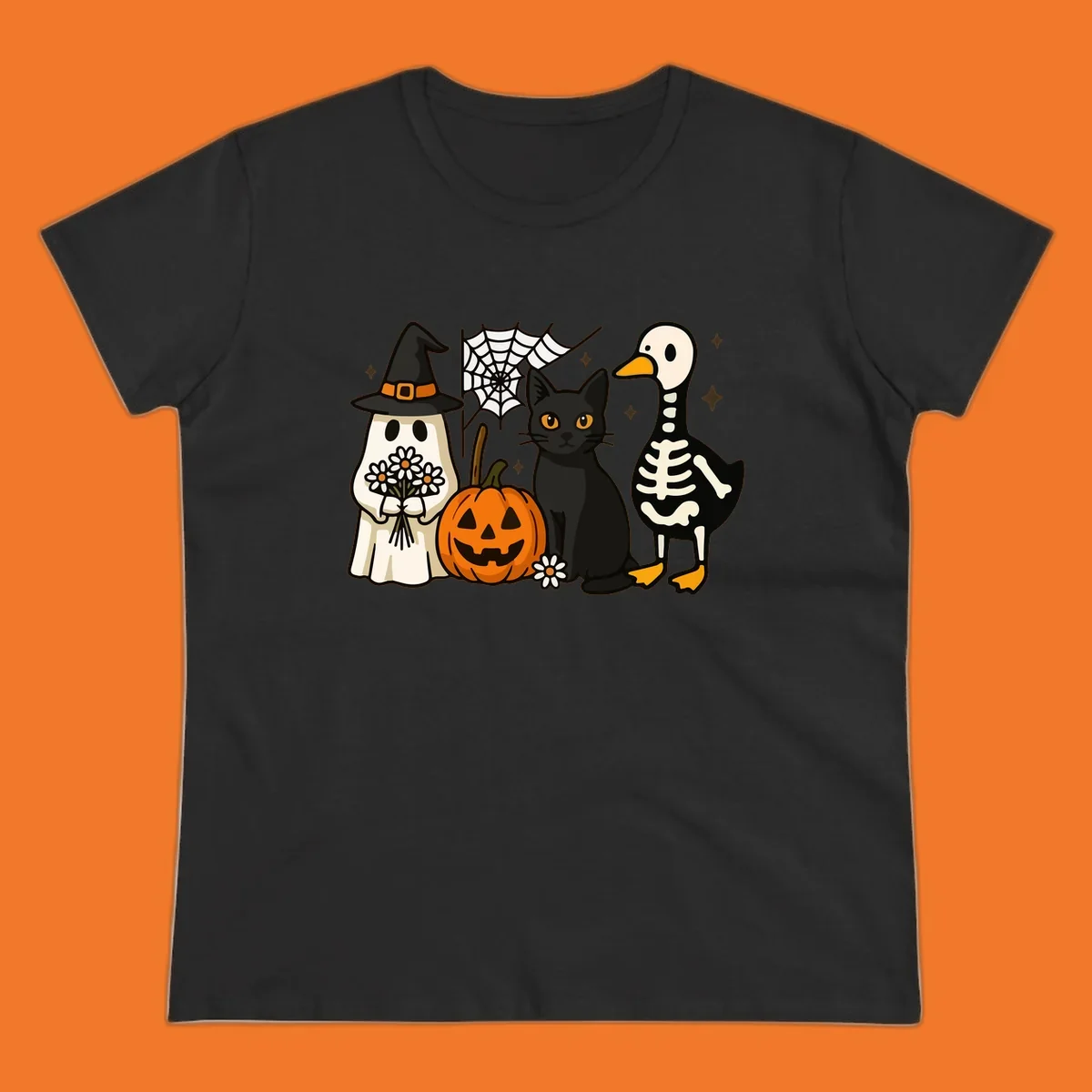 Cute Halloween critters ghost, cat, pumpkin, and skeleton duck illustration.