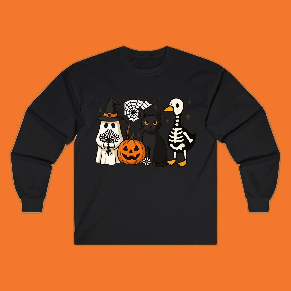 Cute Halloween critters ghost, cat, pumpkin, and skeleton duck illustration.