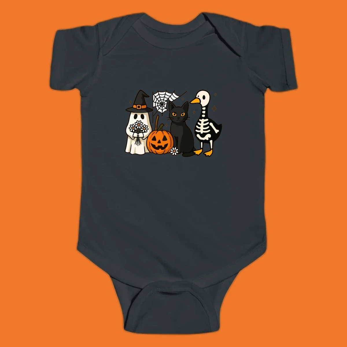 Cute Halloween critters ghost, cat, pumpkin, and skeleton duck illustration.