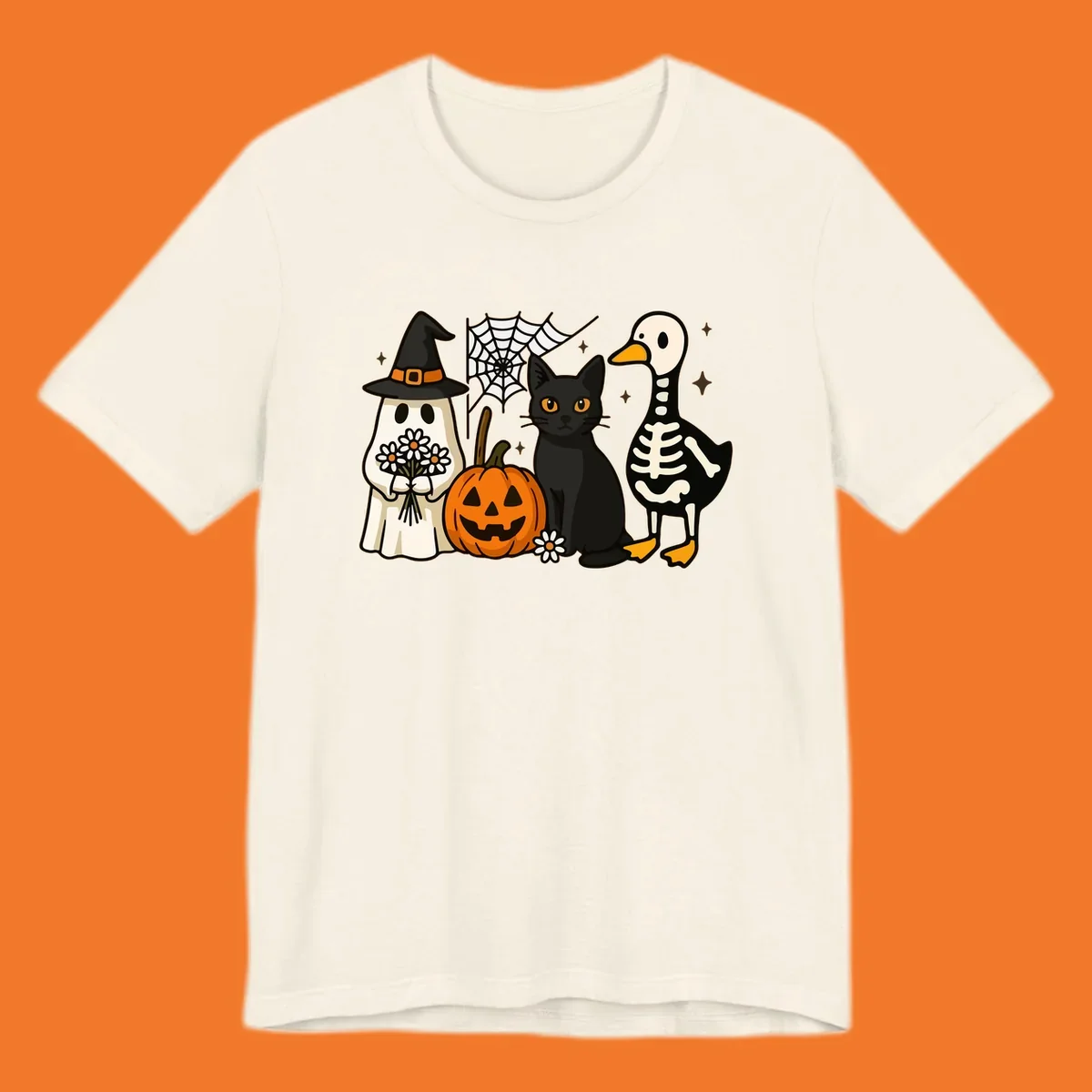 Cute Halloween critters ghost, cat, pumpkin, and skeleton duck illustration.