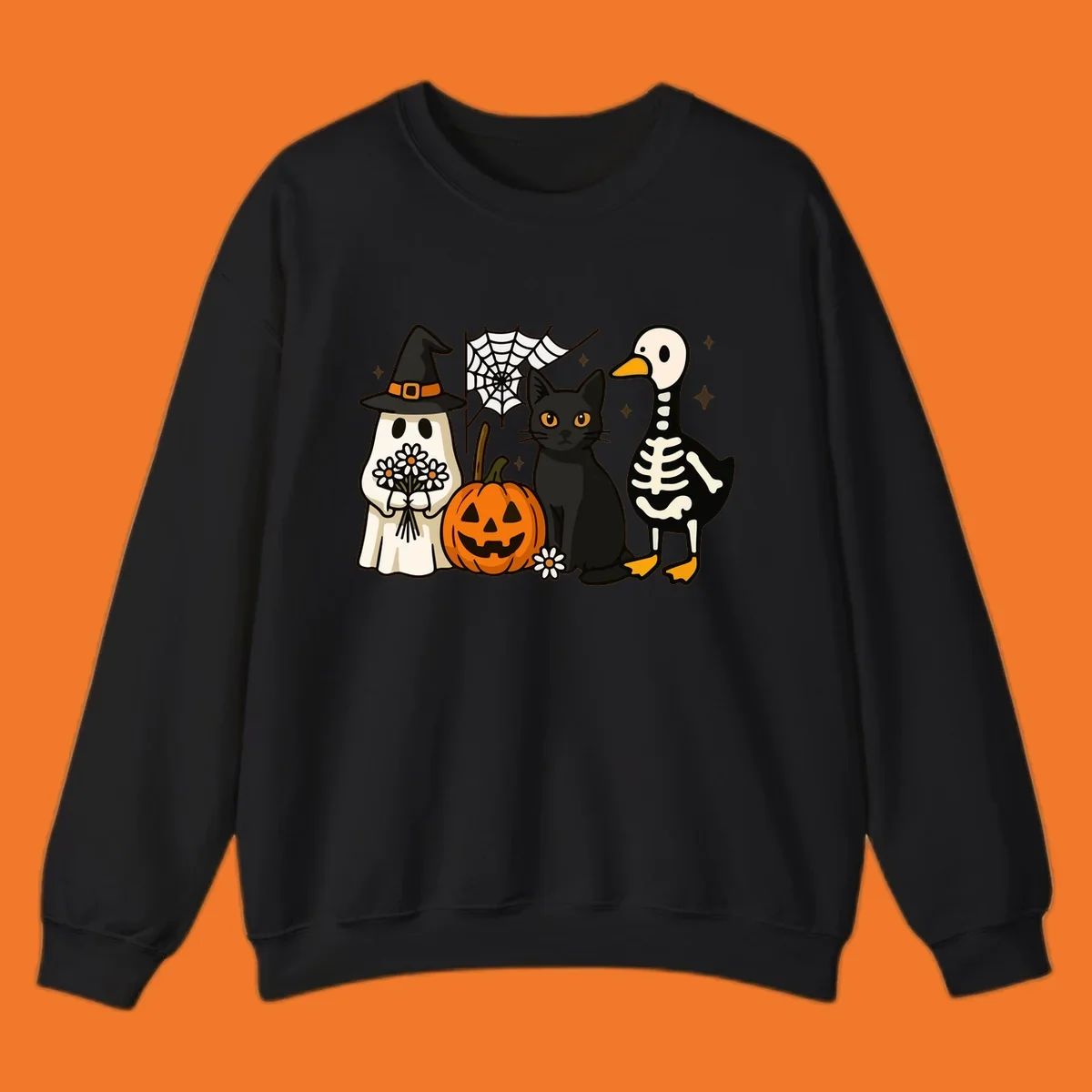 Cute Halloween critters ghost, cat, pumpkin, and skeleton duck illustration.