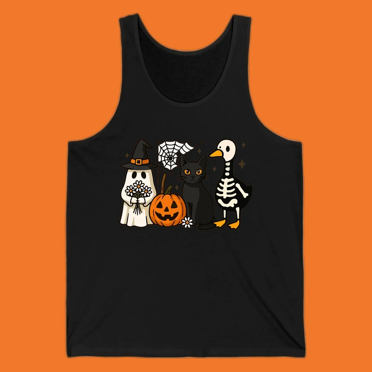 Cute Halloween critters ghost, cat, pumpkin, and skeleton duck illustration.