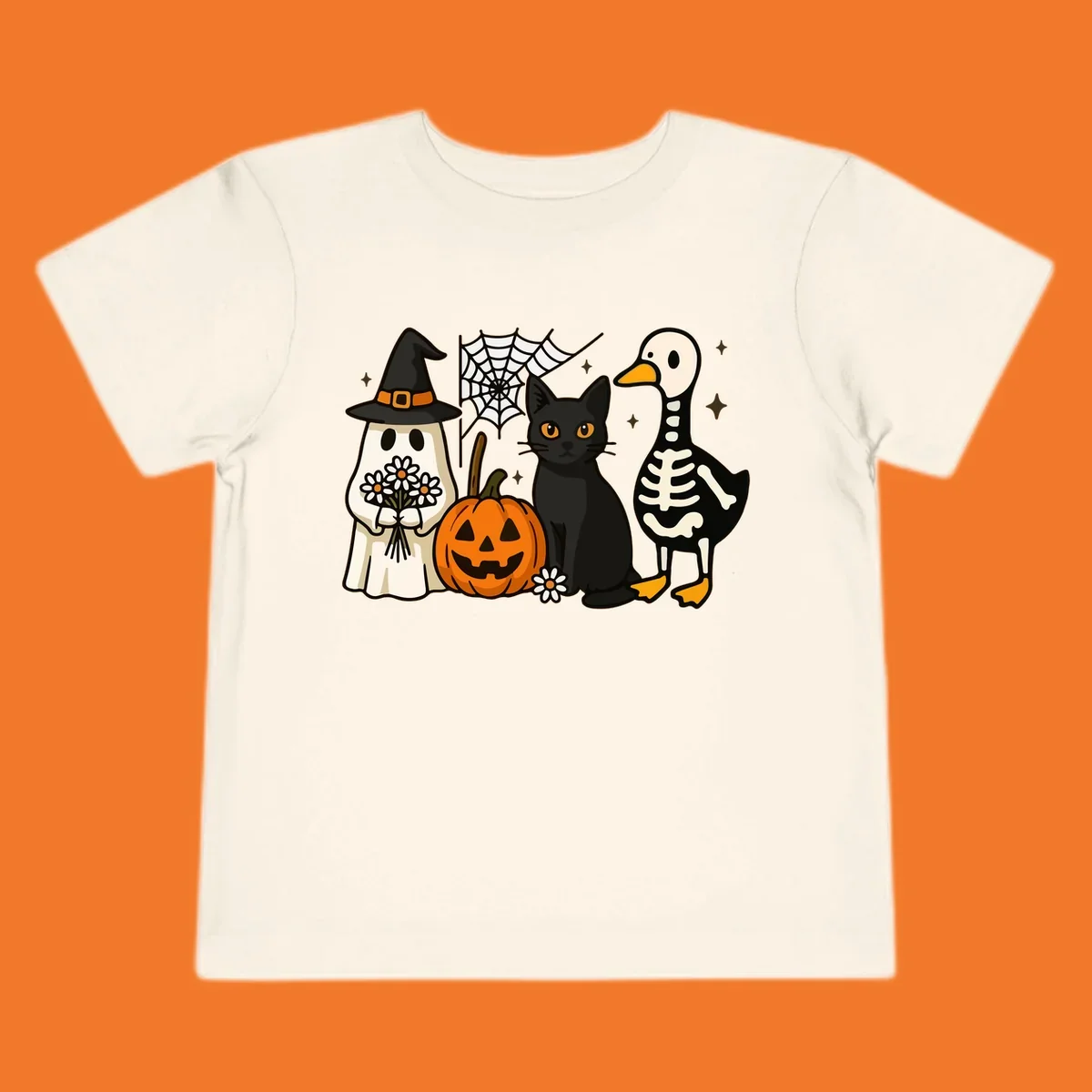 Cute Halloween critters ghost, cat, pumpkin, and skeleton duck illustration.