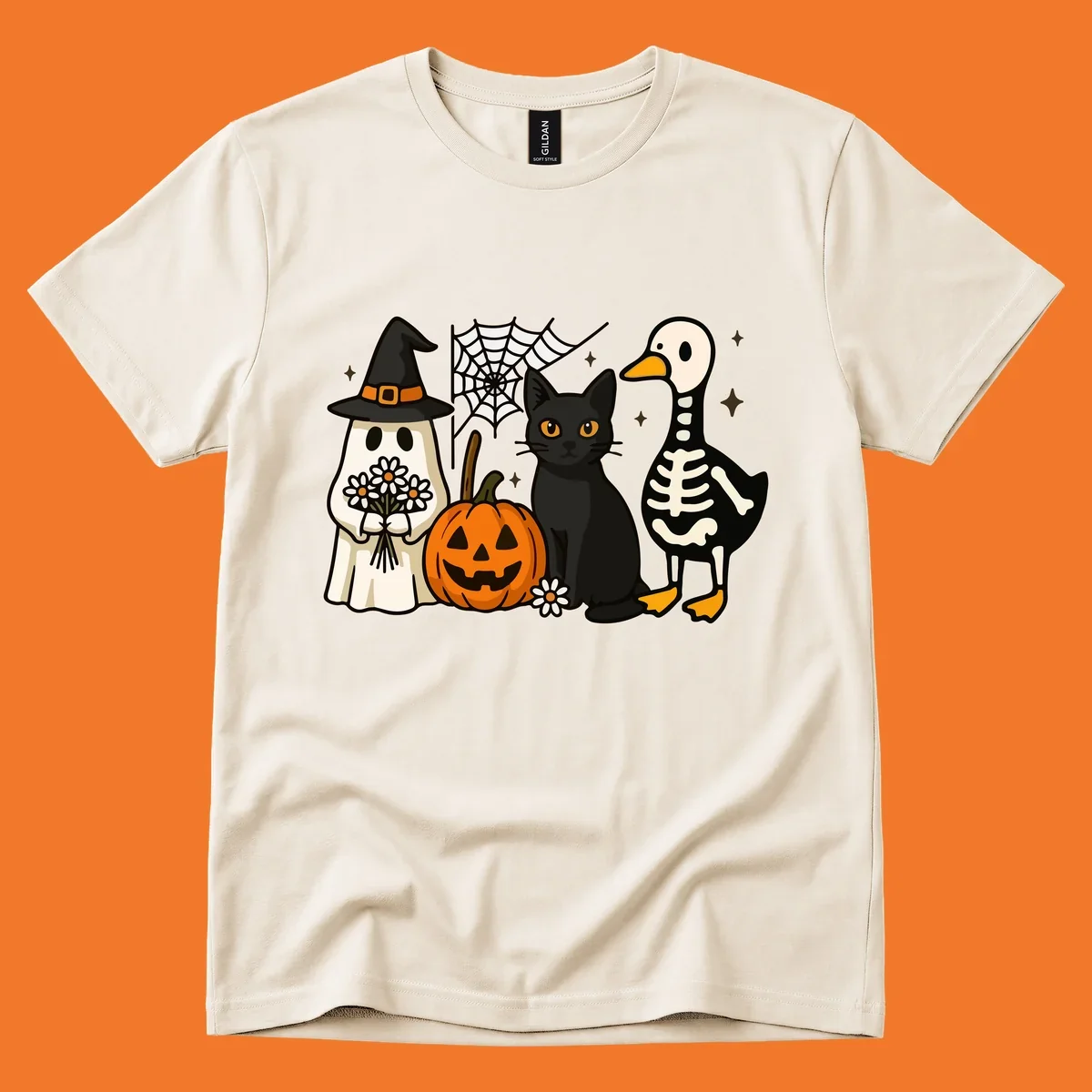 Cute Halloween critters ghost, cat, pumpkin, and skeleton duck illustration.