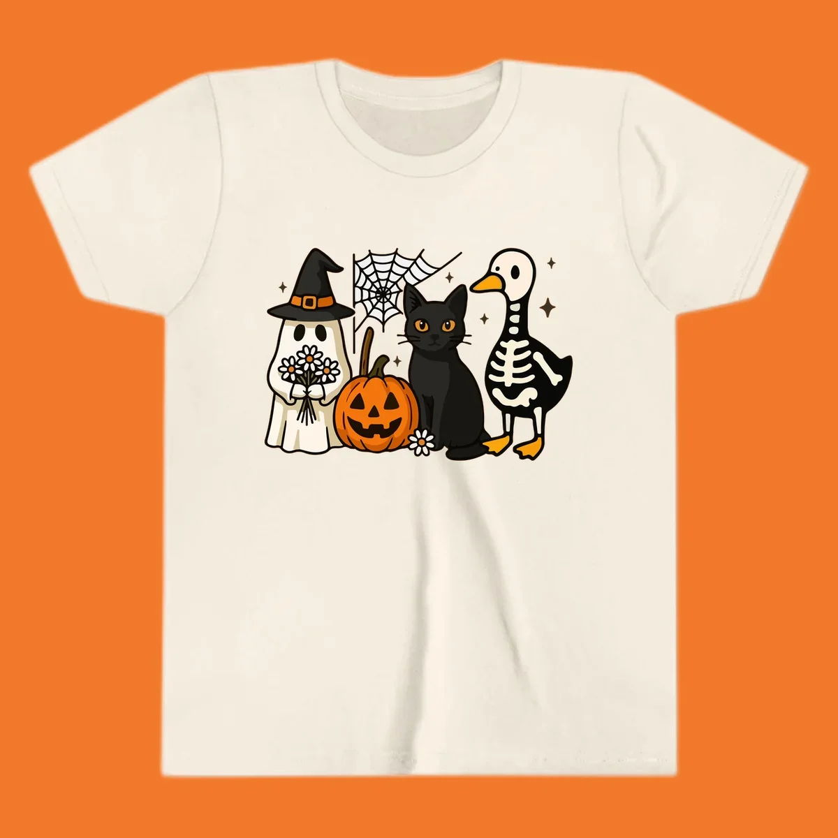Cute Halloween critters ghost, cat, pumpkin, and skeleton duck illustration.