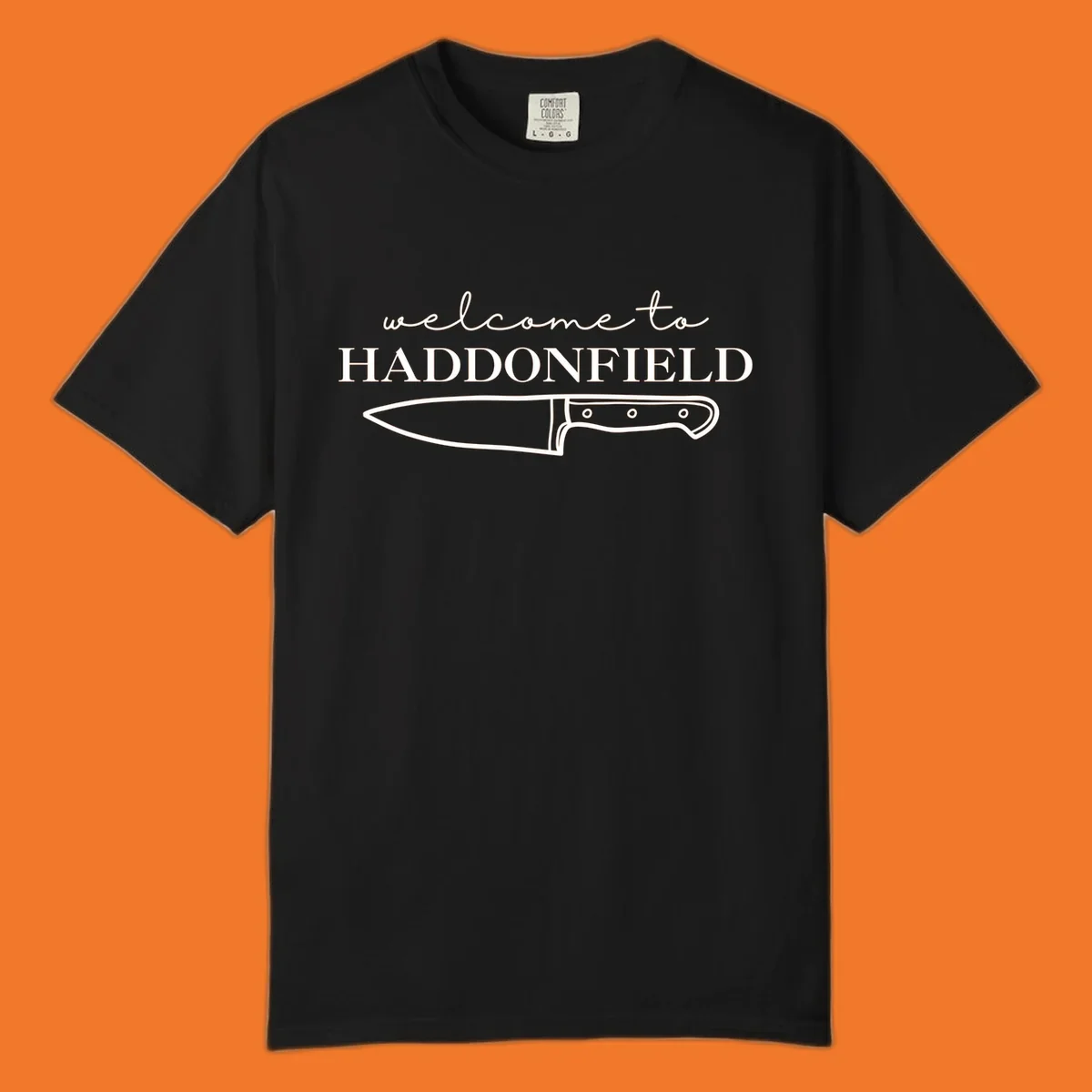 Welcome to Haddonfield text with a knife illustration, Halloween horror movie theme.