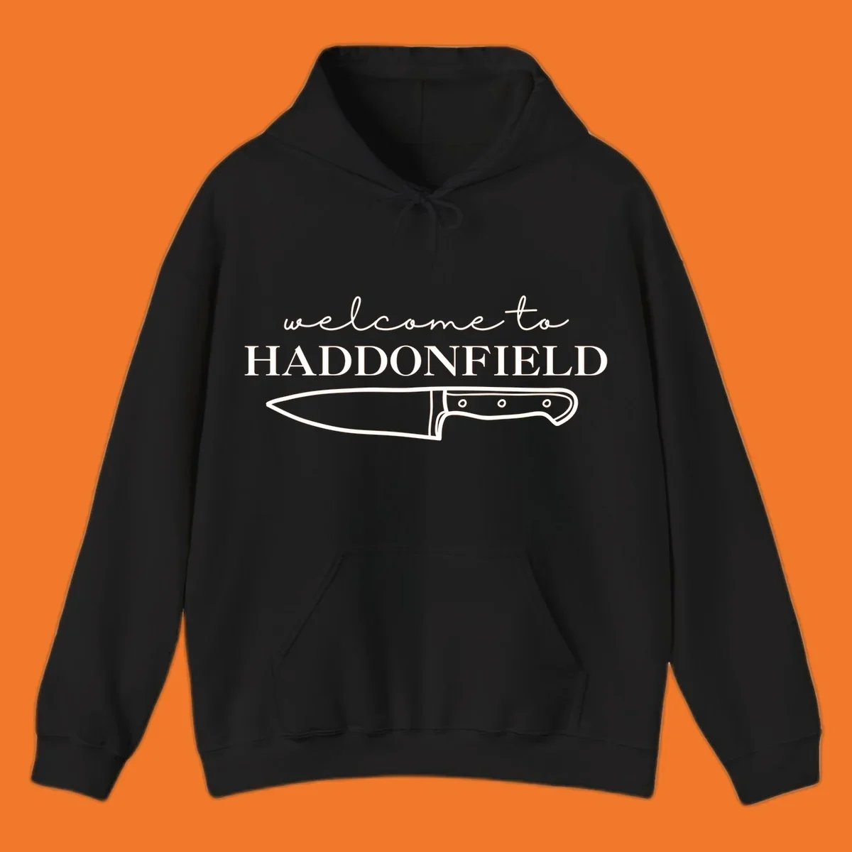 Welcome to Haddonfield text with a knife illustration, Halloween horror movie theme.