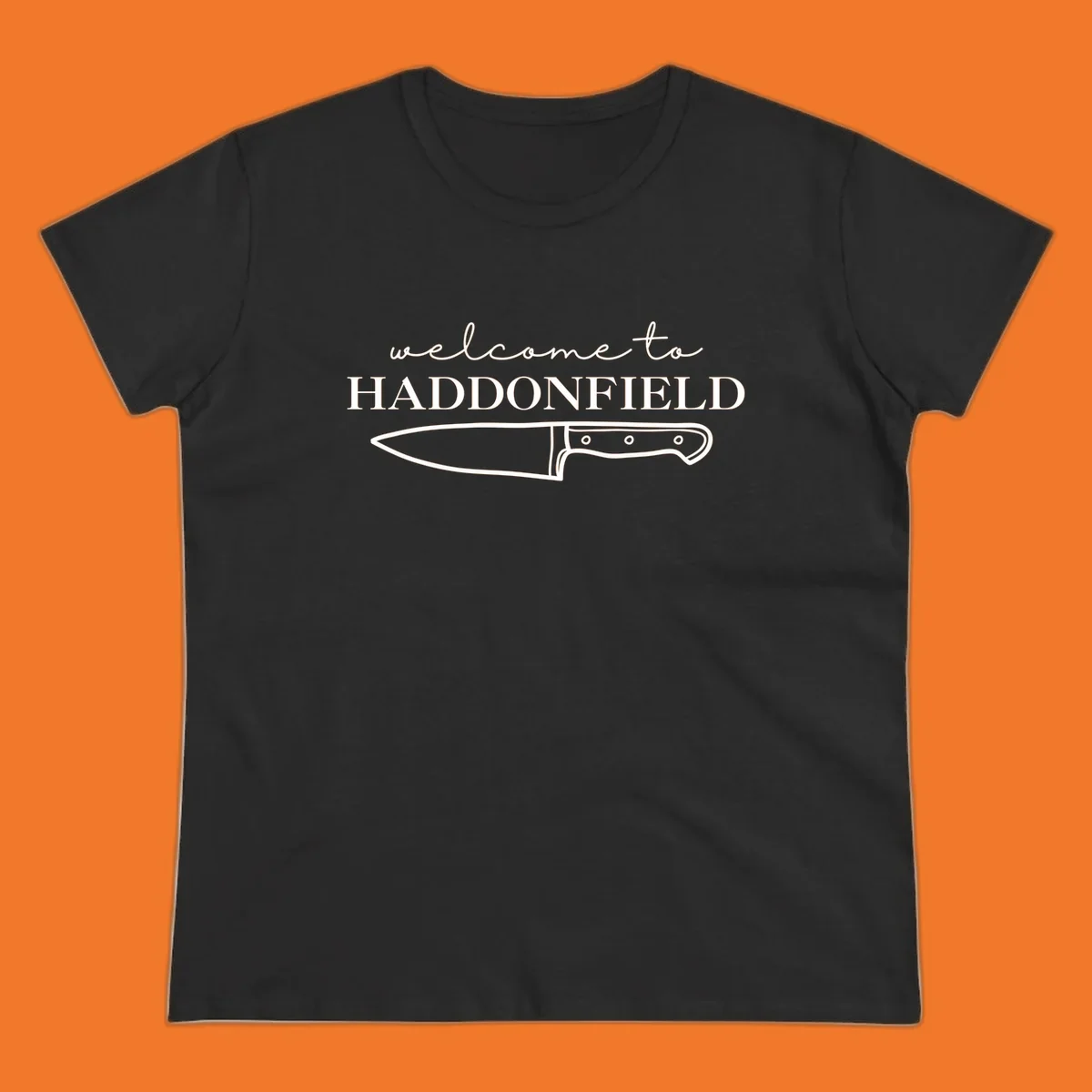 Welcome to Haddonfield text with a knife illustration, Halloween horror movie theme.