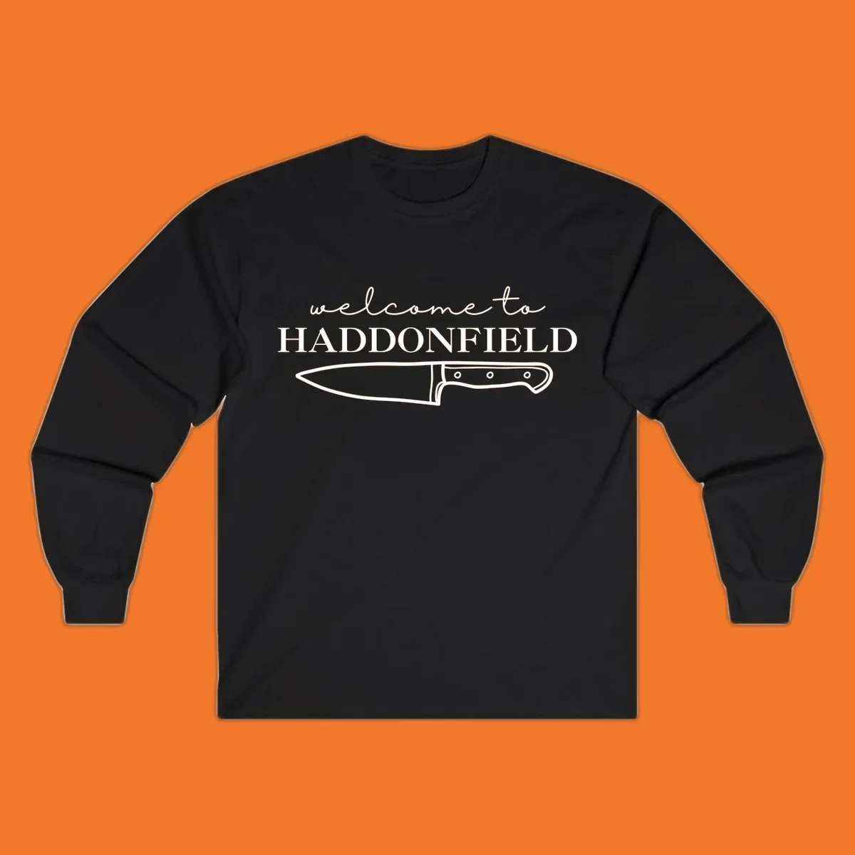 Welcome to Haddonfield text with a knife illustration, Halloween horror movie theme.
