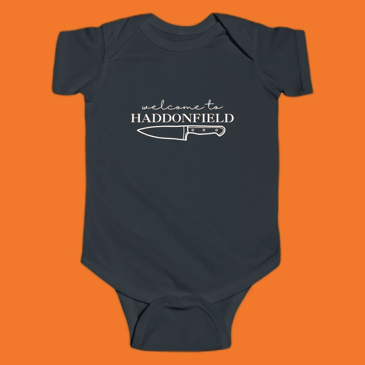 Welcome to Haddonfield text with a knife illustration, Halloween horror movie theme.