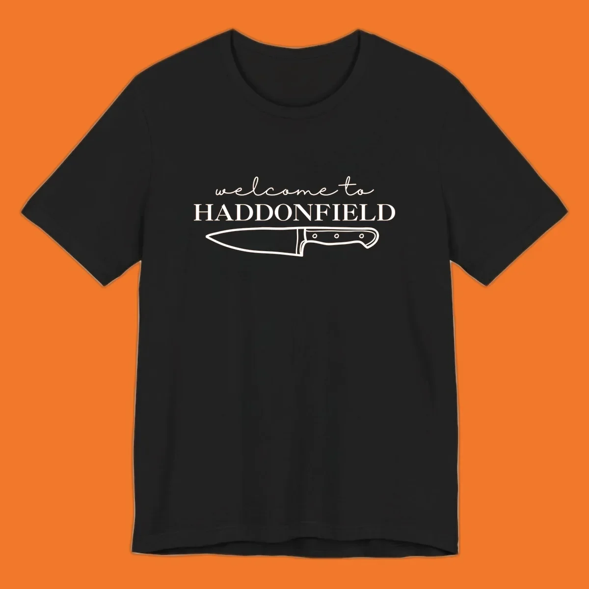Welcome to Haddonfield text with a knife illustration, Halloween horror movie theme.