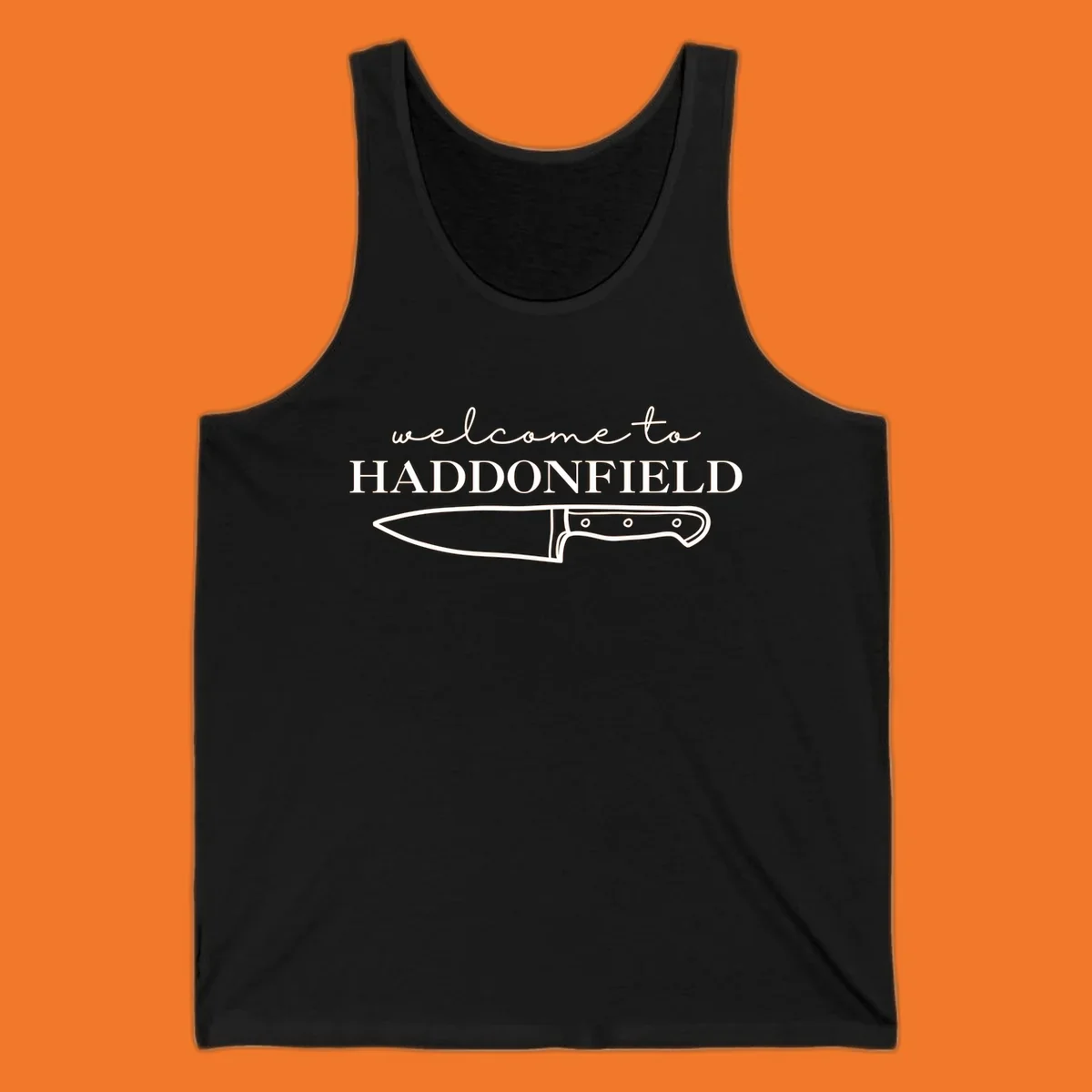Welcome to Haddonfield text with a knife illustration, Halloween horror movie theme.