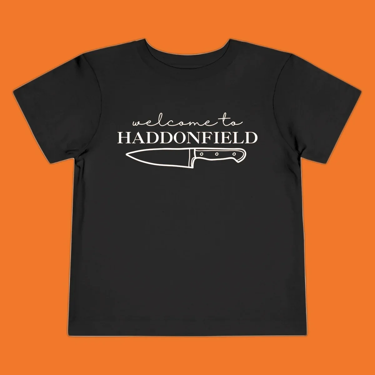 Welcome to Haddonfield text with a knife illustration, Halloween horror movie theme.