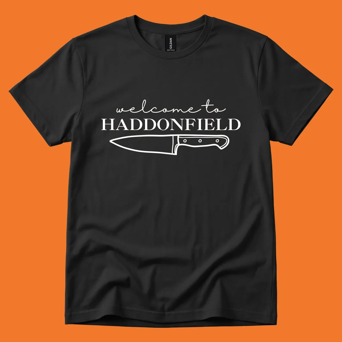 Welcome to Haddonfield text with a knife illustration, Halloween horror movie theme.