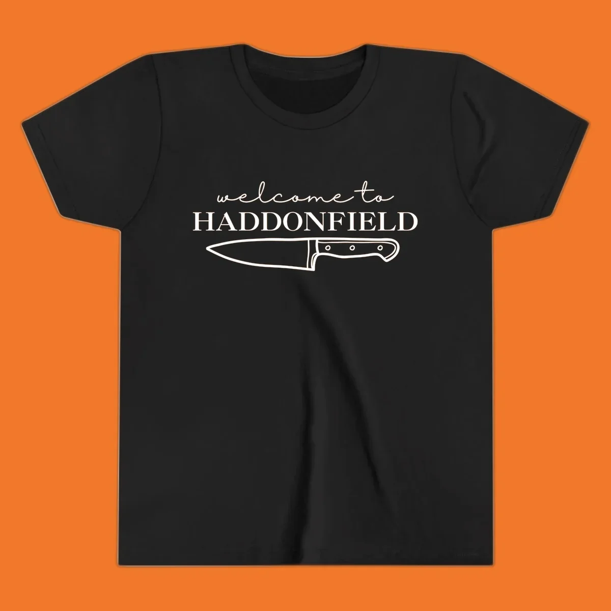 Welcome to Haddonfield text with a knife illustration, Halloween horror movie theme.