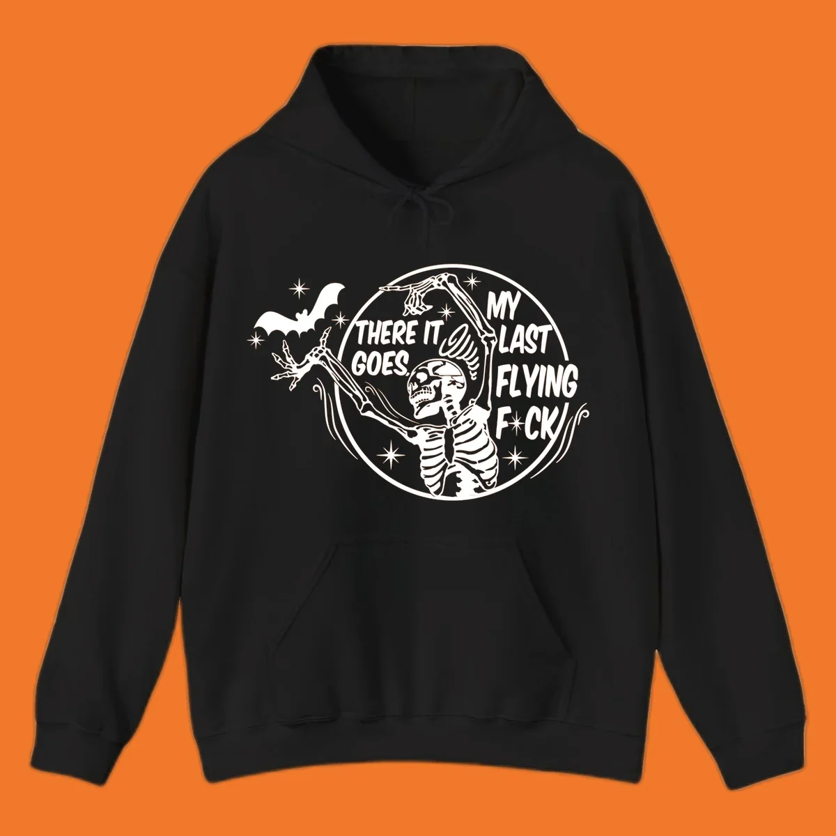 Skeleton letting go of a bat with text 'My Last Flying F*ck', Halloween graphic.