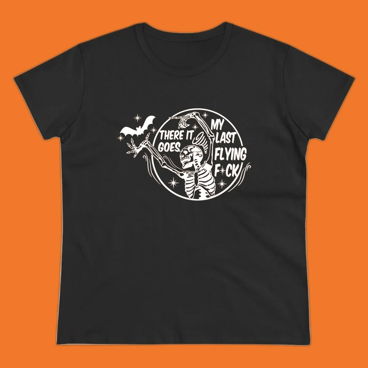 Skeleton letting go of a bat with text 'My Last Flying F*ck', Halloween graphic.