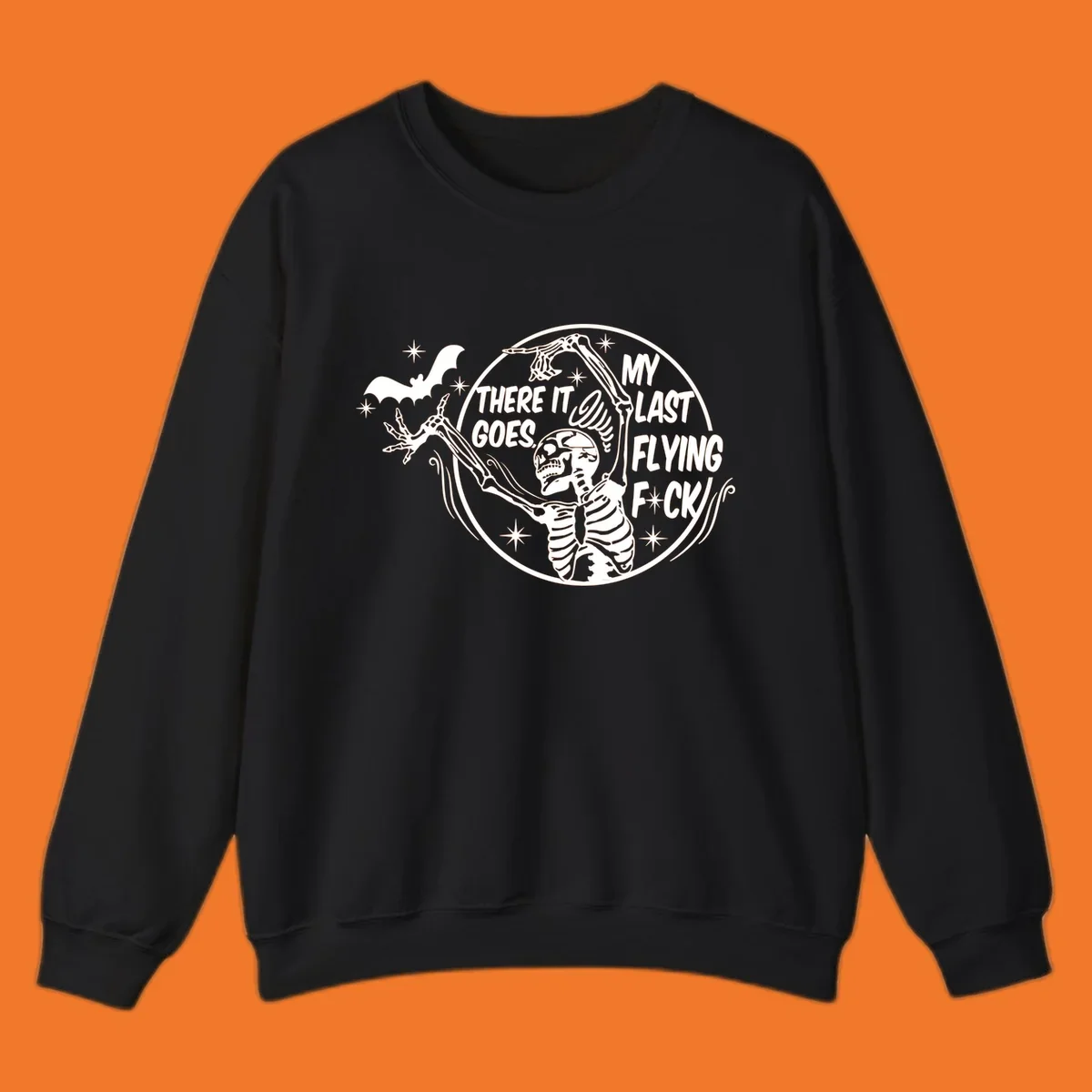Skeleton letting go of a bat with text 'My Last Flying F*ck', Halloween graphic.