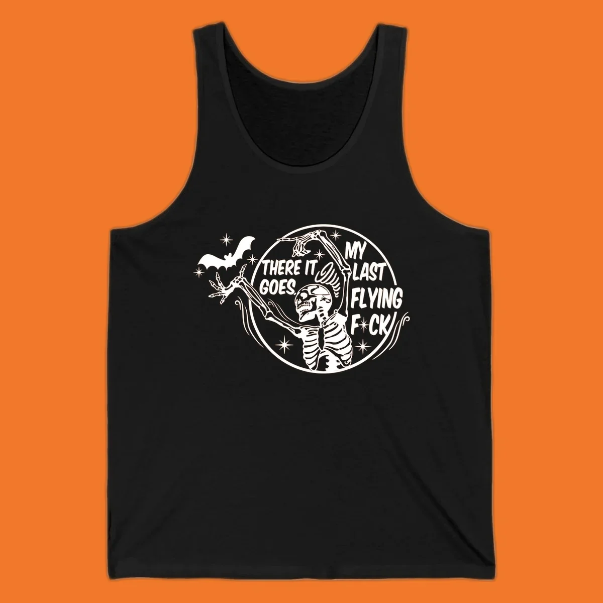 Skeleton letting go of a bat with text 'My Last Flying F*ck', Halloween graphic.