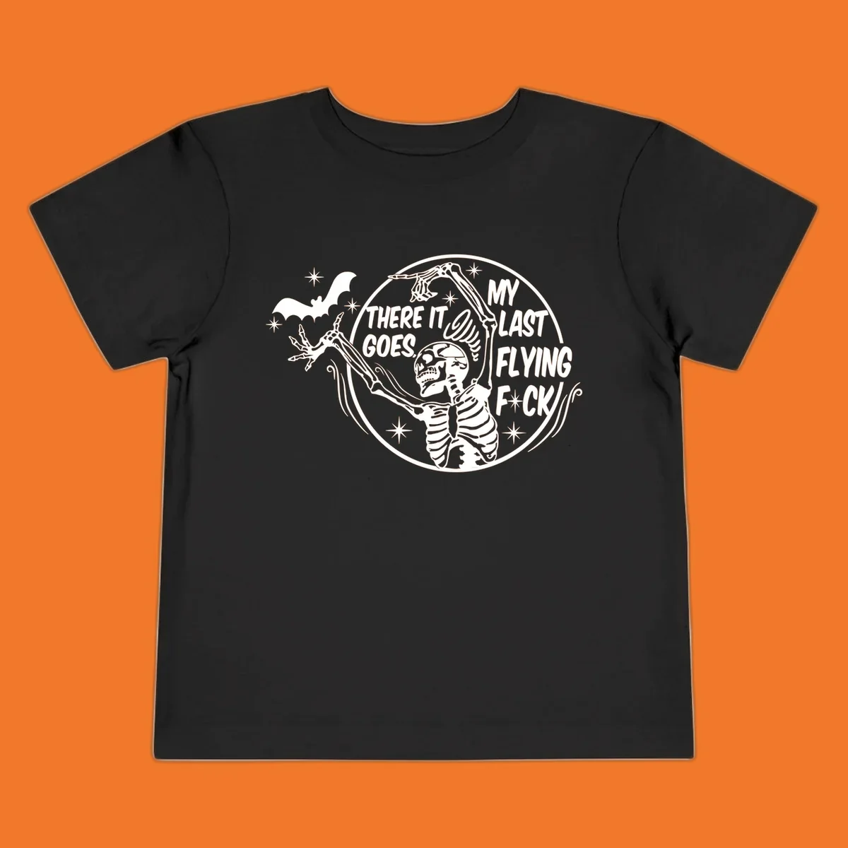 Skeleton letting go of a bat with text 'My Last Flying F*ck', Halloween graphic.