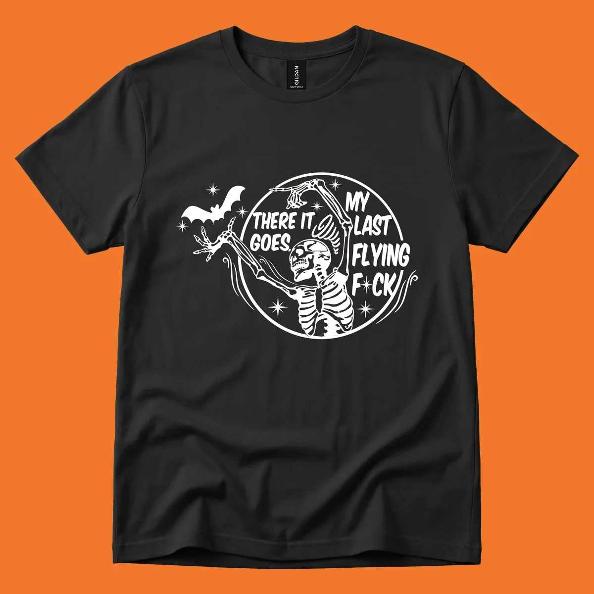 Skeleton letting go of a bat with text 'My Last Flying F*ck', Halloween graphic.