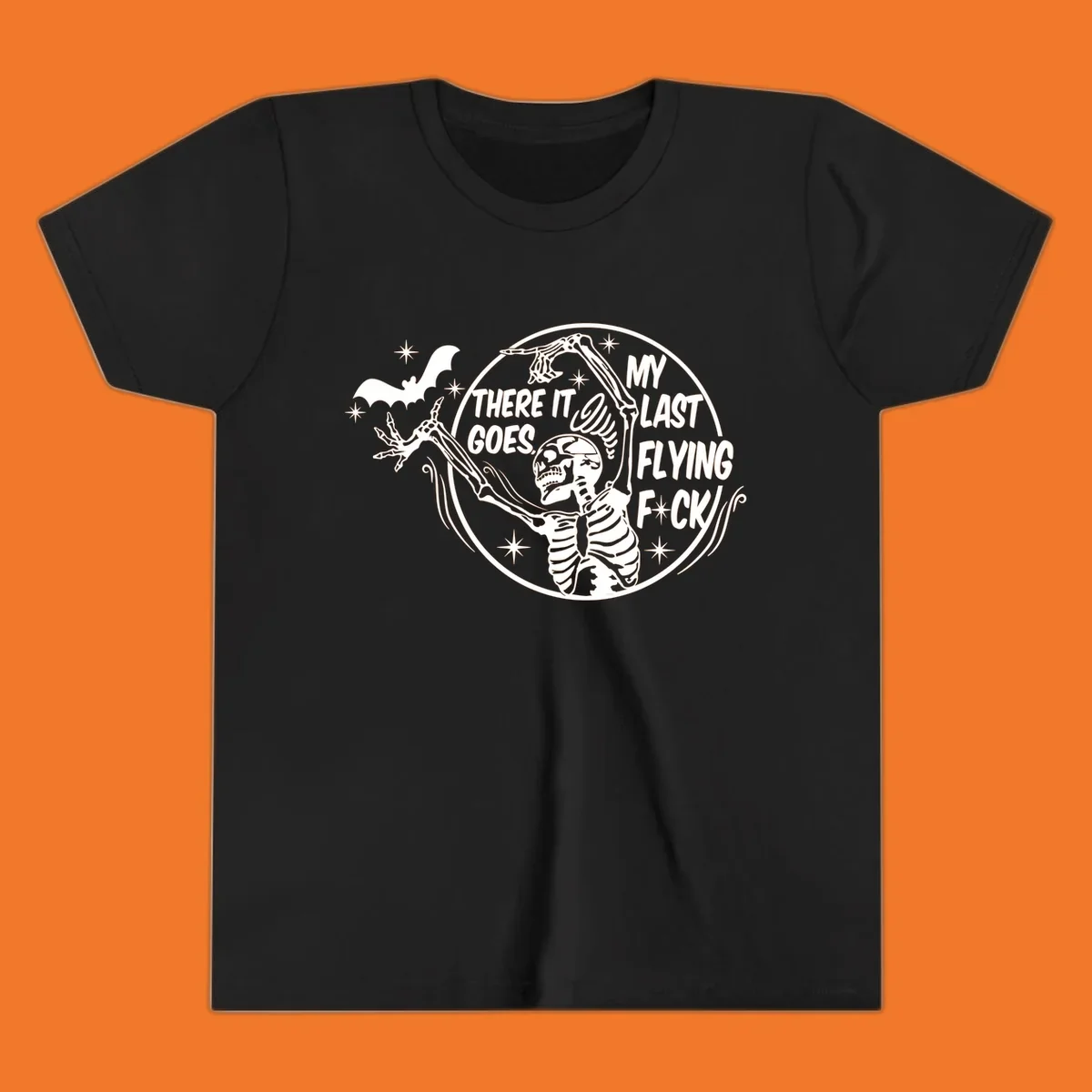 Skeleton letting go of a bat with text 'My Last Flying F*ck', Halloween graphic.