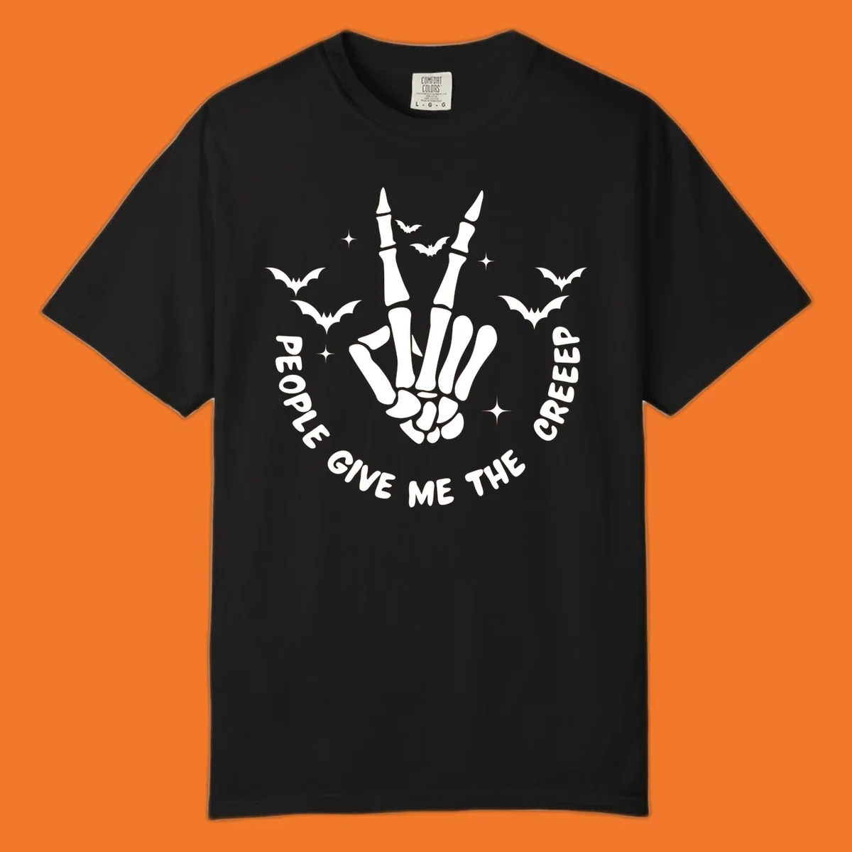 Skeleton hand peace sign with bats and text 'People Give Me The Creeper', Halloween creeper hand design.