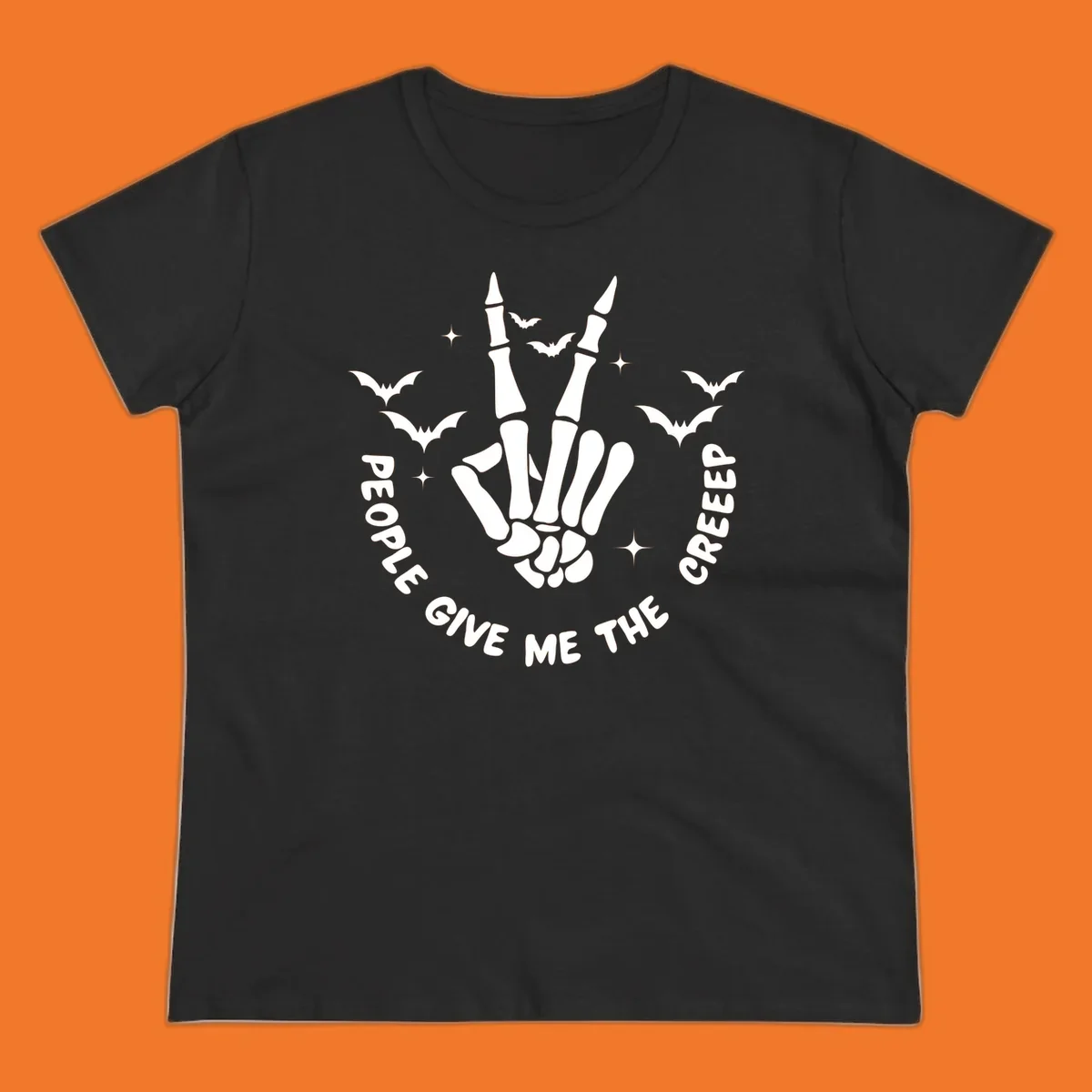 Skeleton hand peace sign with bats and text 'People Give Me The Creeper', Halloween creeper hand design.