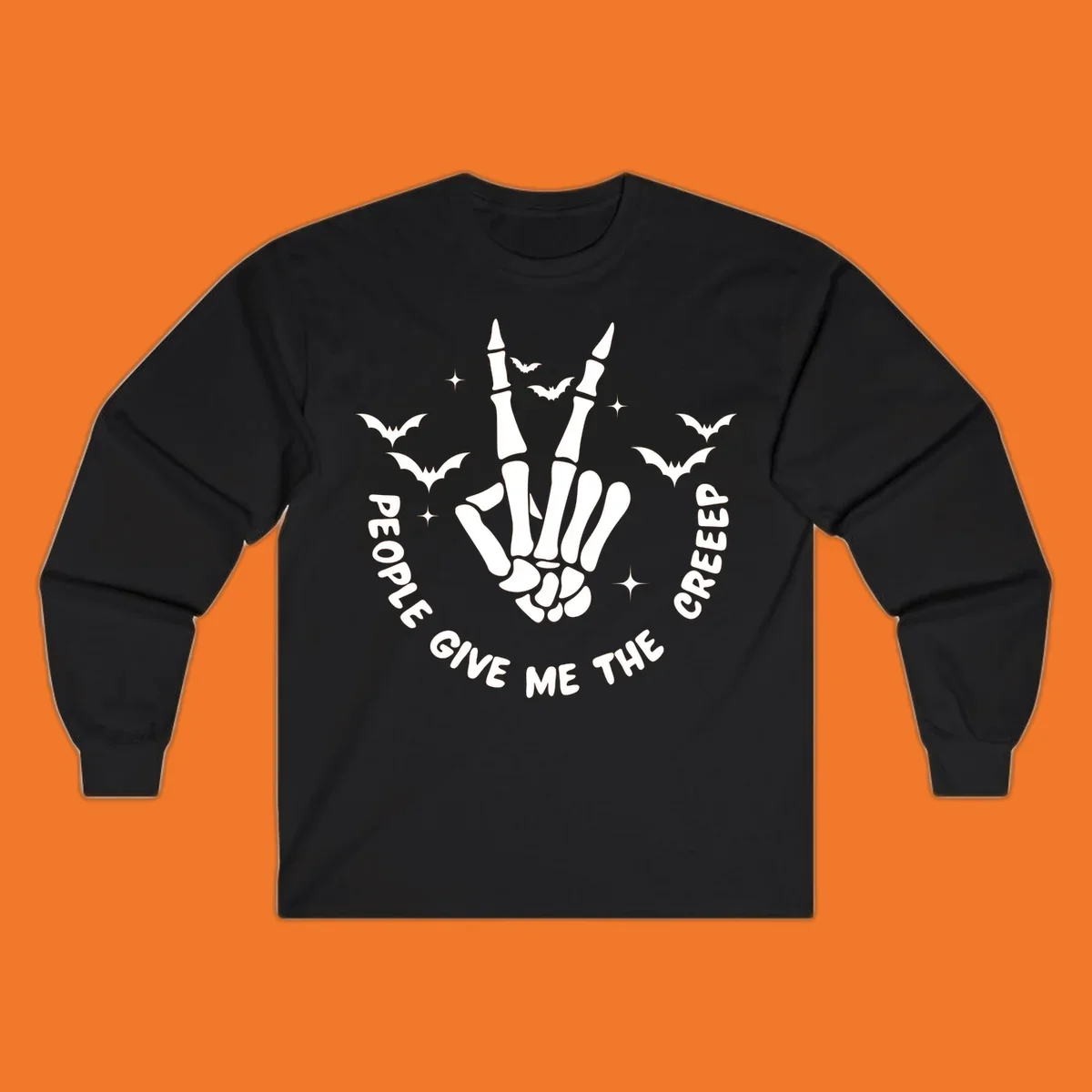 Skeleton hand peace sign with bats and text 'People Give Me The Creeper', Halloween creeper hand design.
