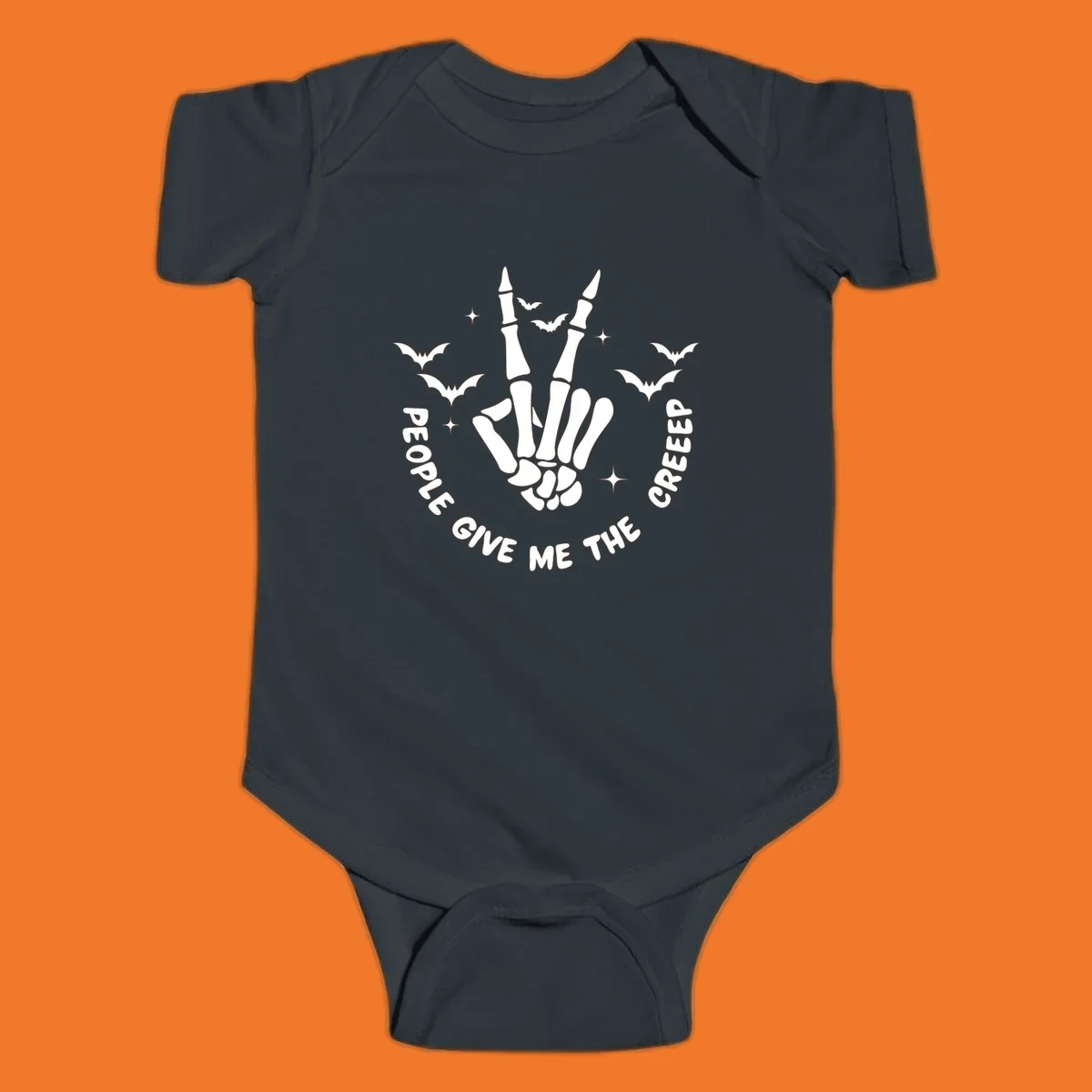 Skeleton hand peace sign with bats and text 'People Give Me The Creeper', Halloween creeper hand design.