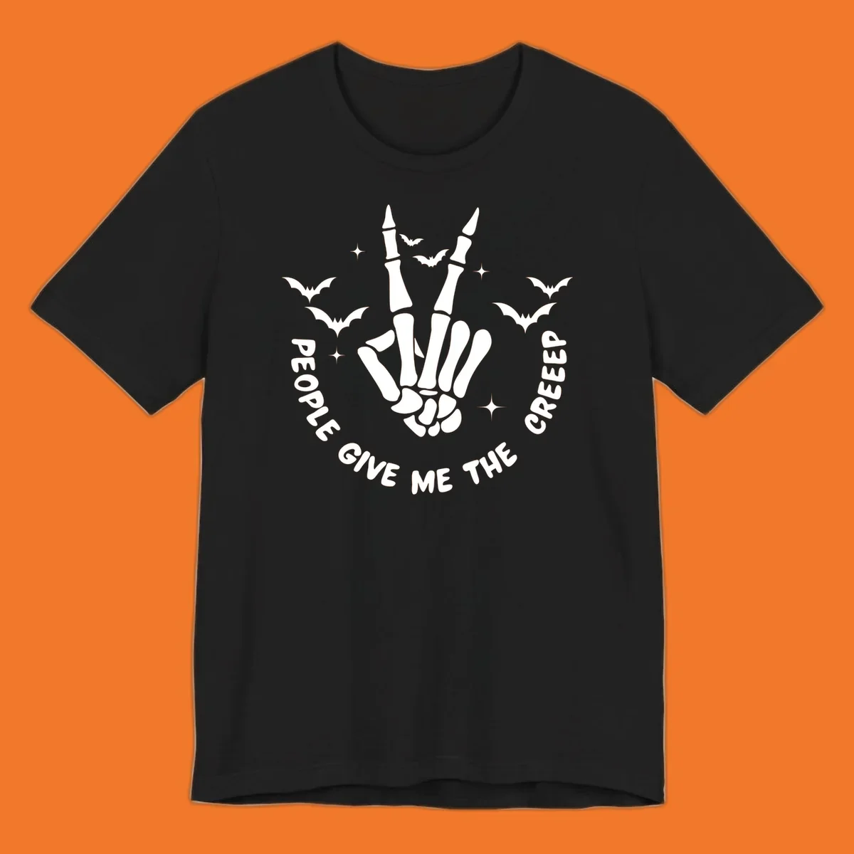 Skeleton hand peace sign with bats and text 'People Give Me The Creeper', Halloween creeper hand design.