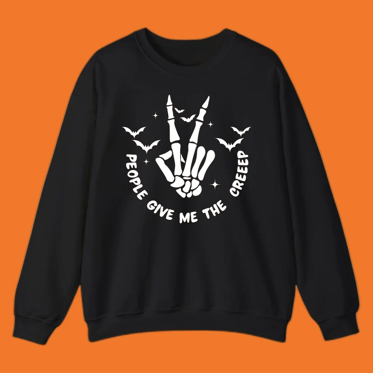 Skeleton hand peace sign with bats and text 'People Give Me The Creeper', Halloween creeper hand design.