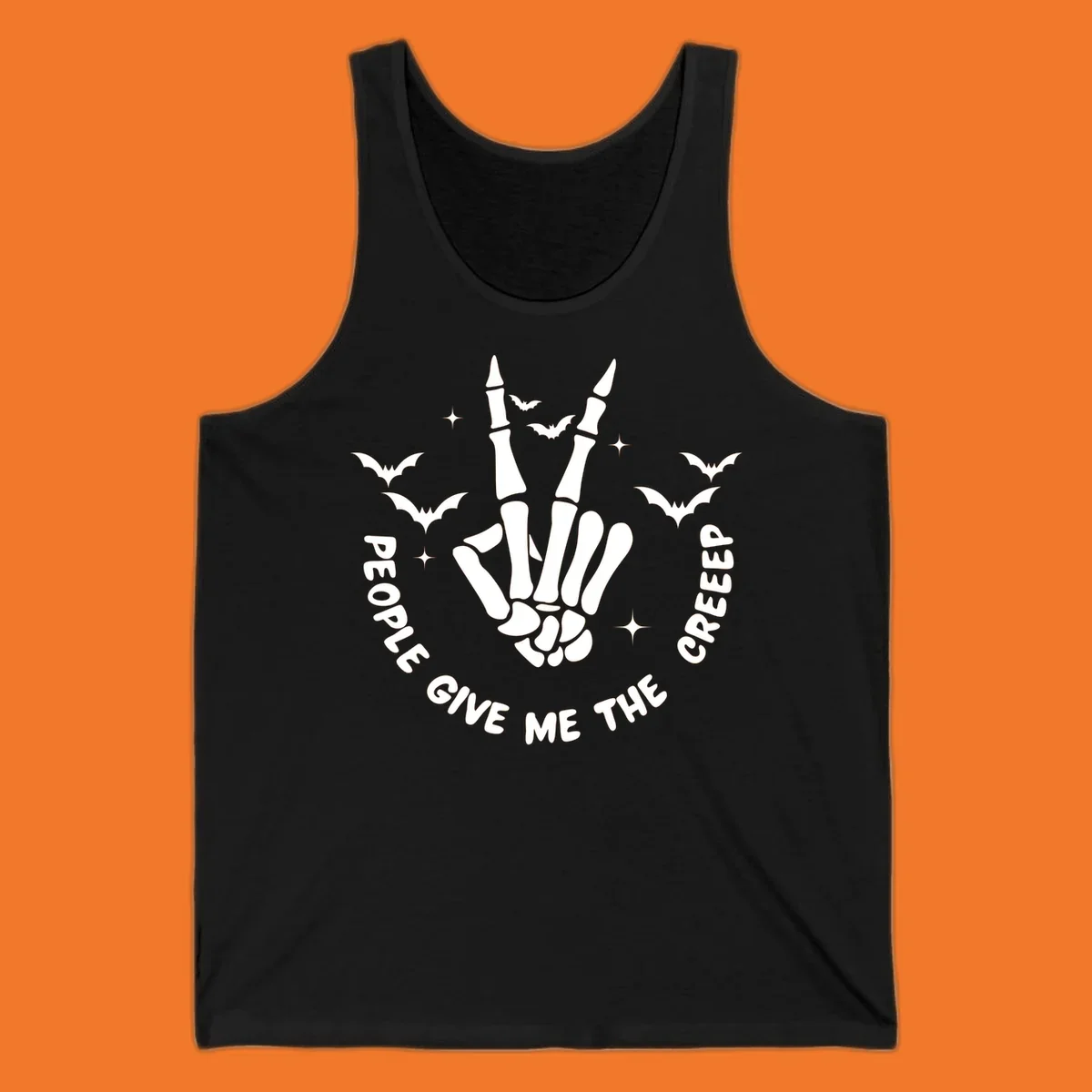 Skeleton hand peace sign with bats and text 'People Give Me The Creeper', Halloween creeper hand design.