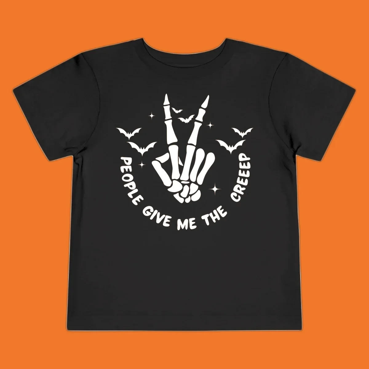 Skeleton hand peace sign with bats and text 'People Give Me The Creeper', Halloween creeper hand design.