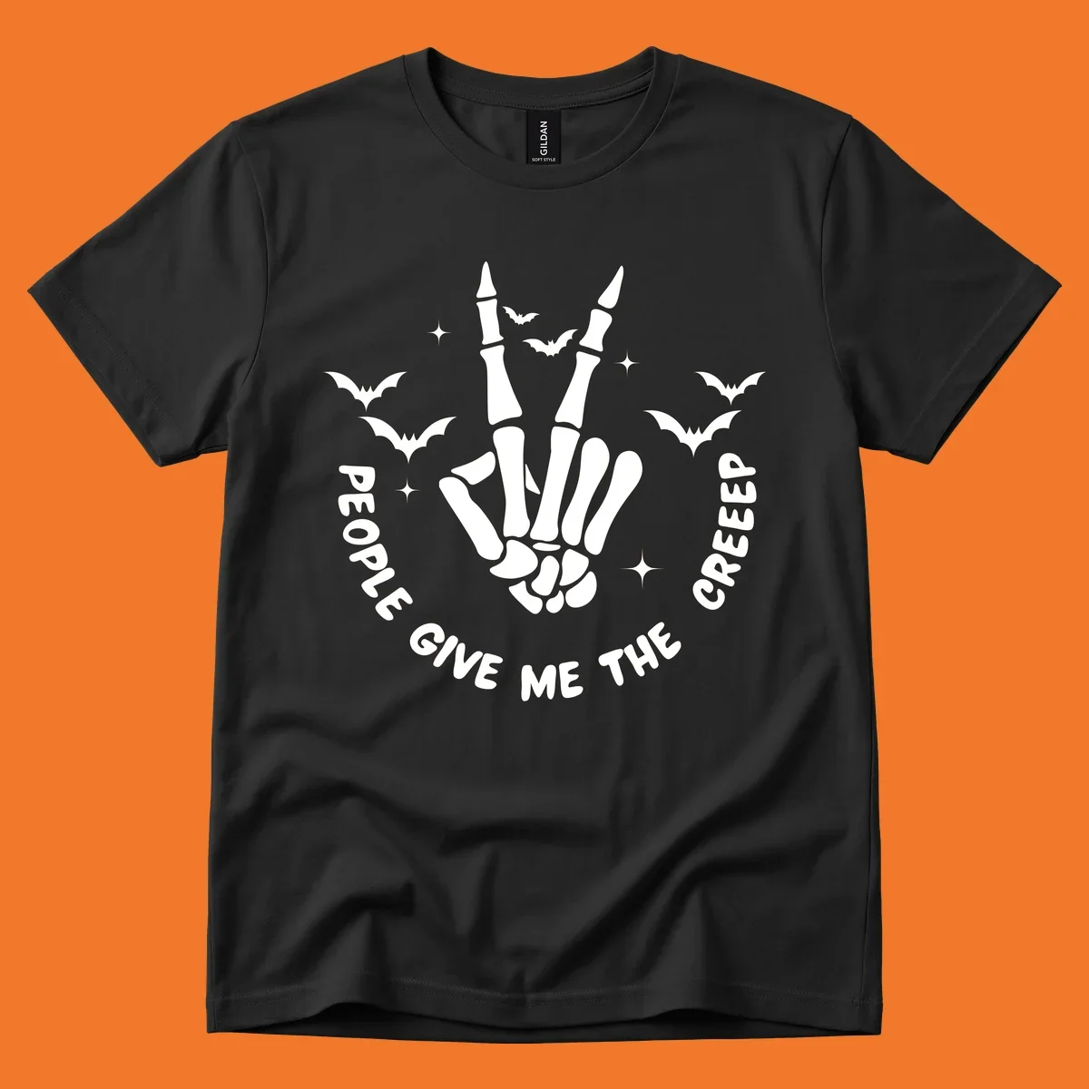 Skeleton hand peace sign with bats and text 'People Give Me The Creeper', Halloween creeper hand design.