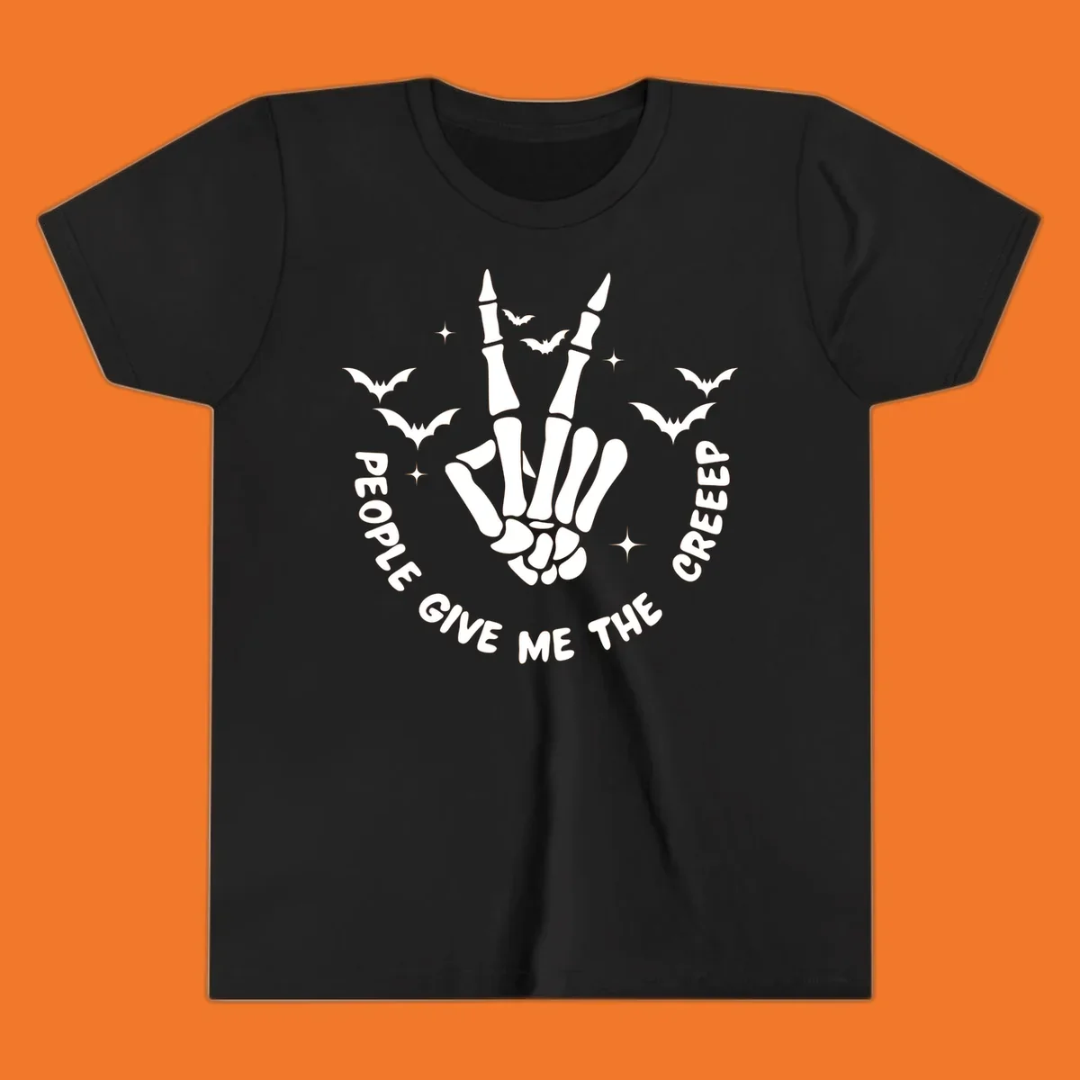 Skeleton hand peace sign with bats and text 'People Give Me The Creeper', Halloween creeper hand design.