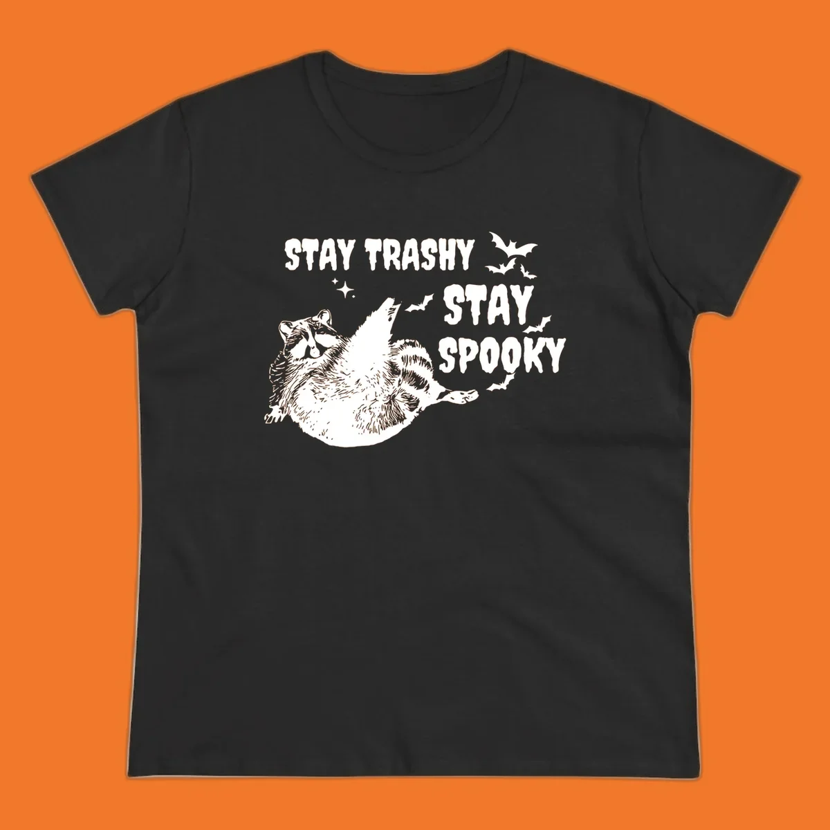 Trashy spooky raccoon illustration with bats and text for Halloween.