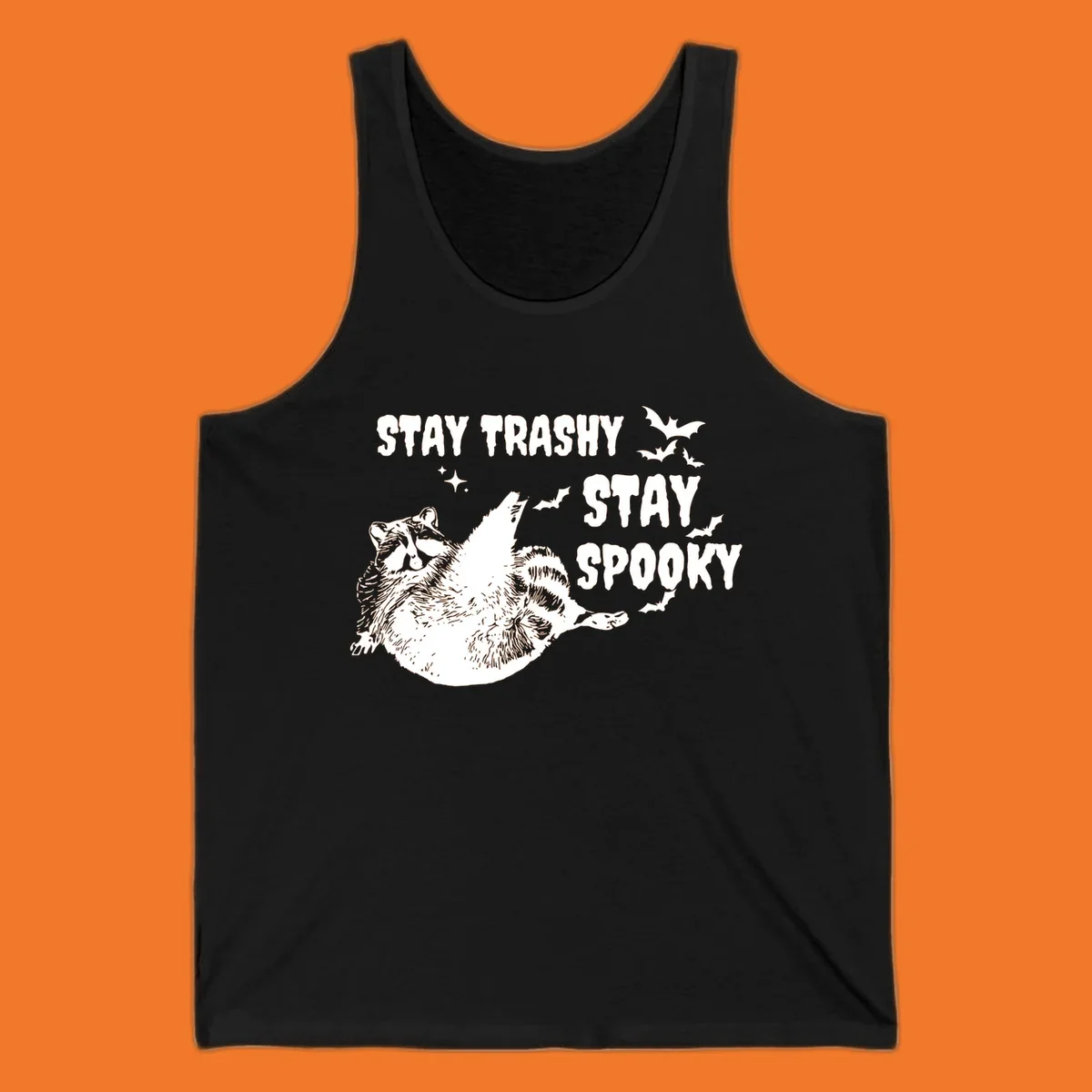 Trashy spooky raccoon illustration with bats and text for Halloween.