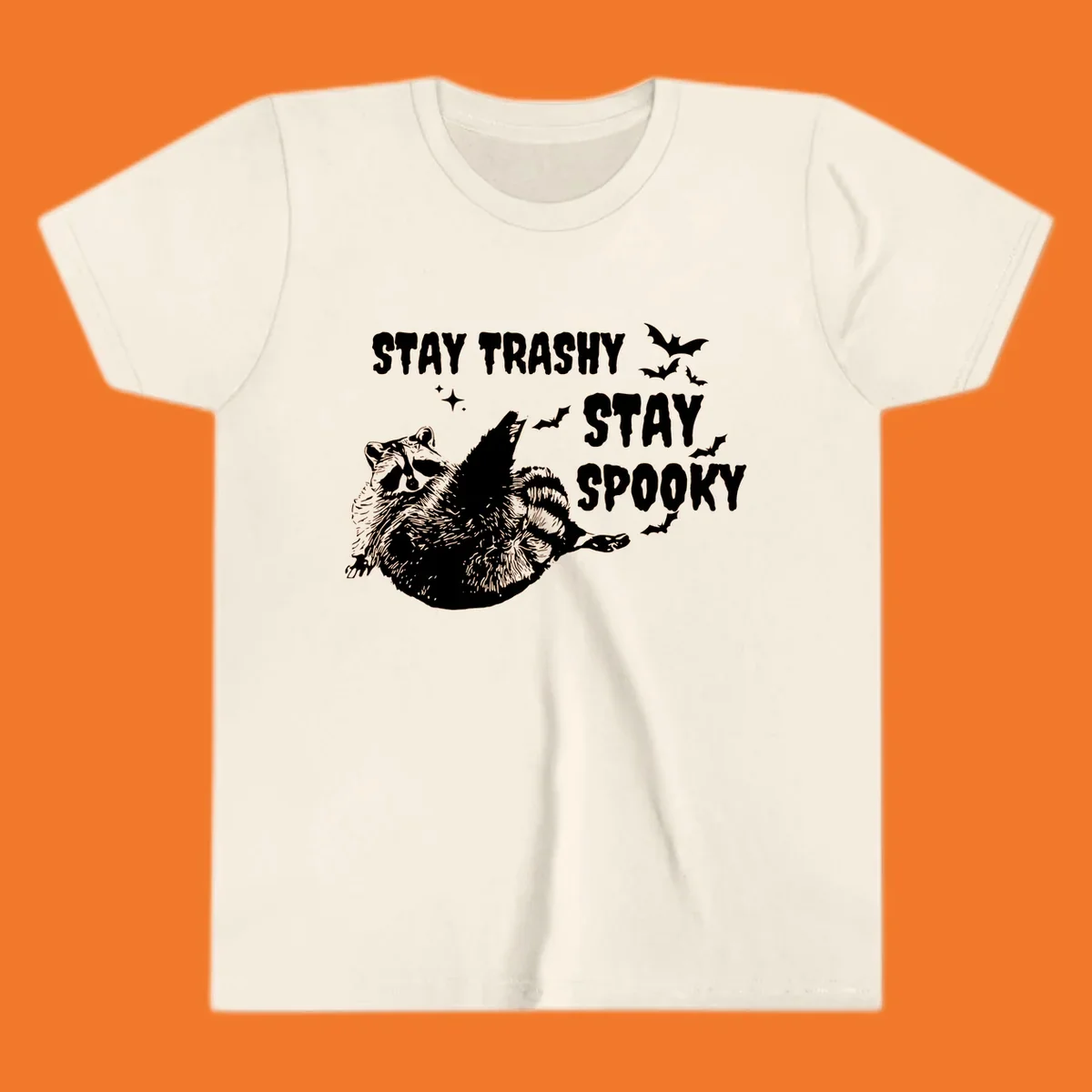 Trashy spooky raccoon illustration with bats and text for Halloween.