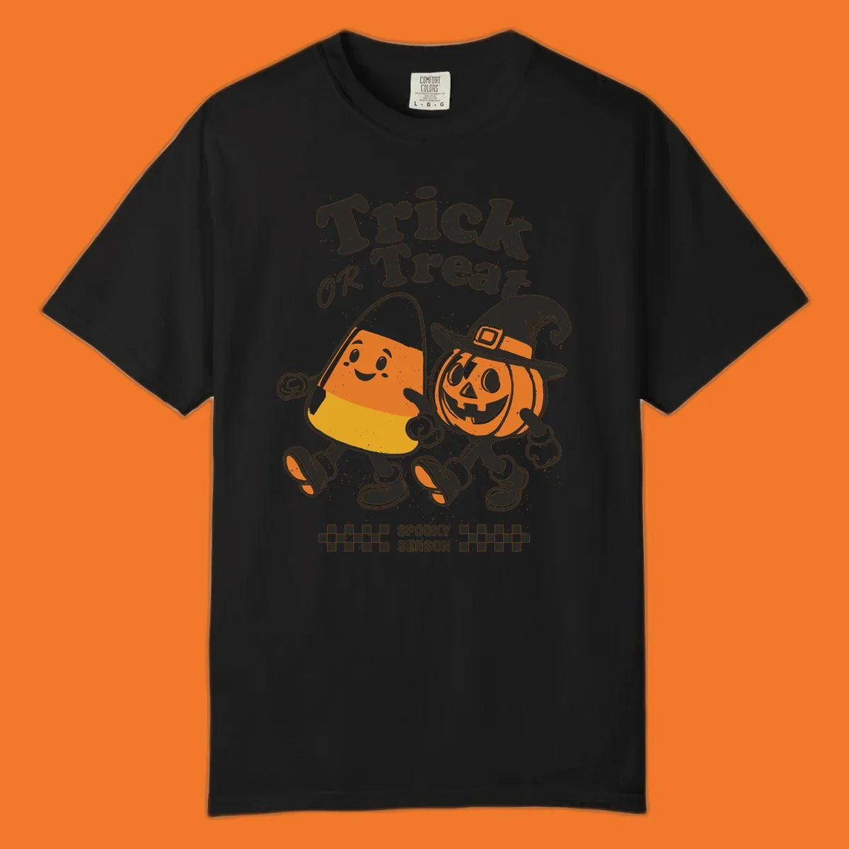 Trick or treat pals candy corn and pumpkin characters walking together, vintage style. Halloween design.