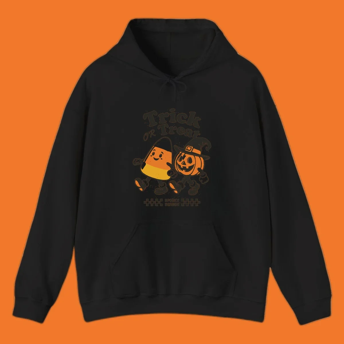 Trick or treat pals candy corn and pumpkin characters walking together, vintage style. Halloween design.
