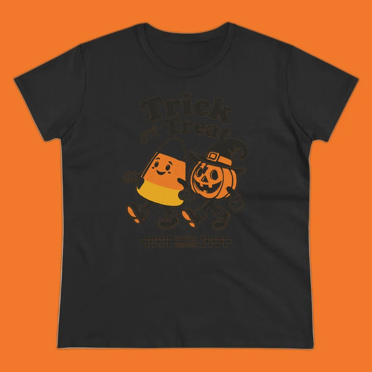 Trick or treat pals candy corn and pumpkin characters walking together, vintage style. Halloween design.
