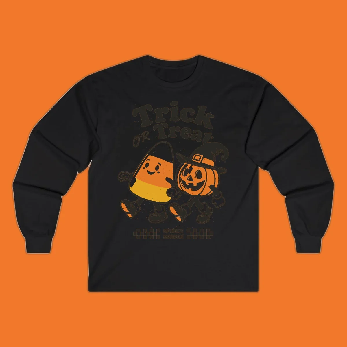 Trick or treat pals candy corn and pumpkin characters walking together, vintage style. Halloween design.