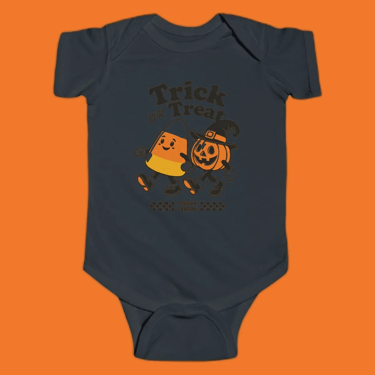 Trick or treat pals candy corn and pumpkin characters walking together, vintage style. Halloween design.