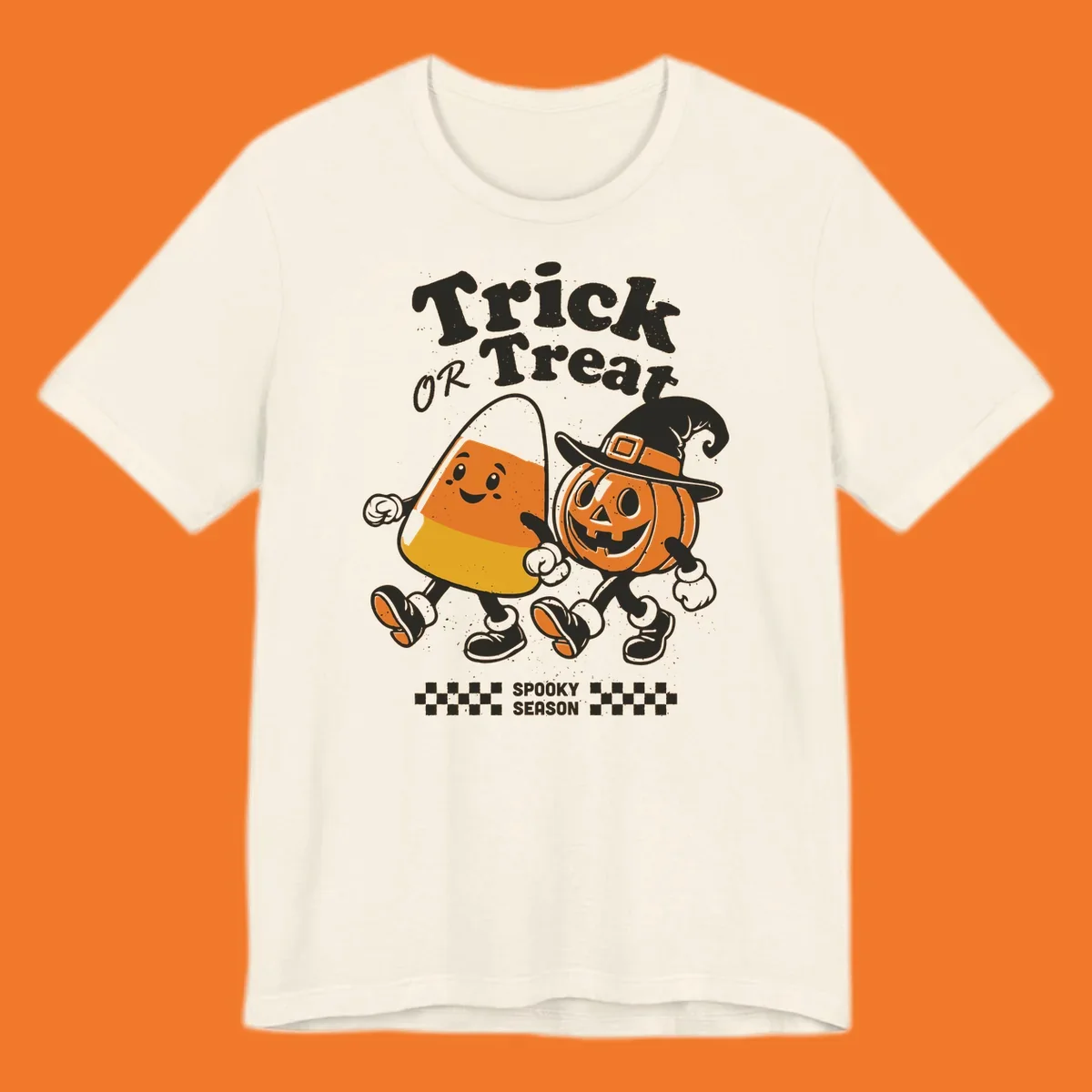 Trick or treat pals candy corn and pumpkin characters walking together, vintage style. Halloween design.