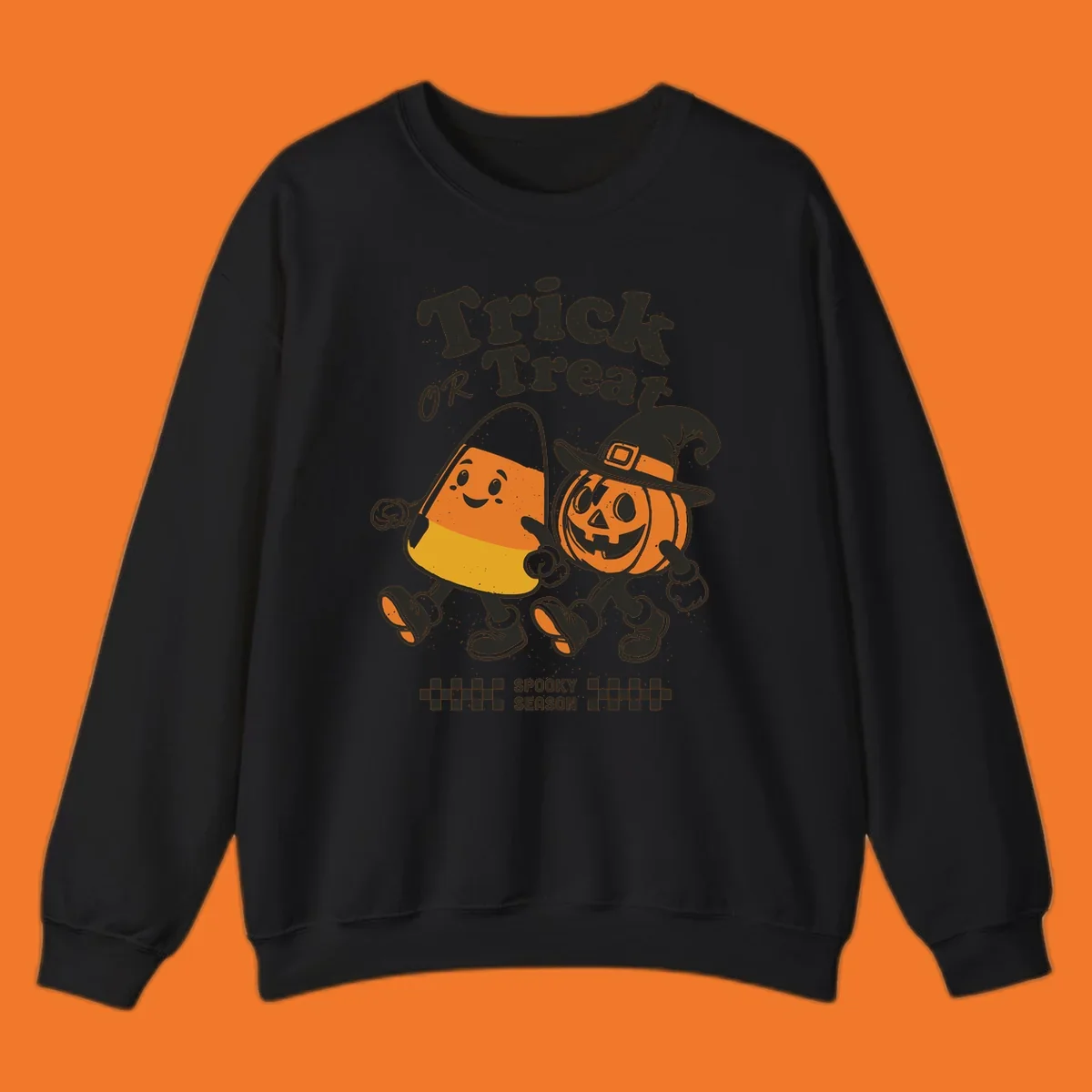 Trick or treat pals candy corn and pumpkin characters walking together, vintage style. Halloween design.