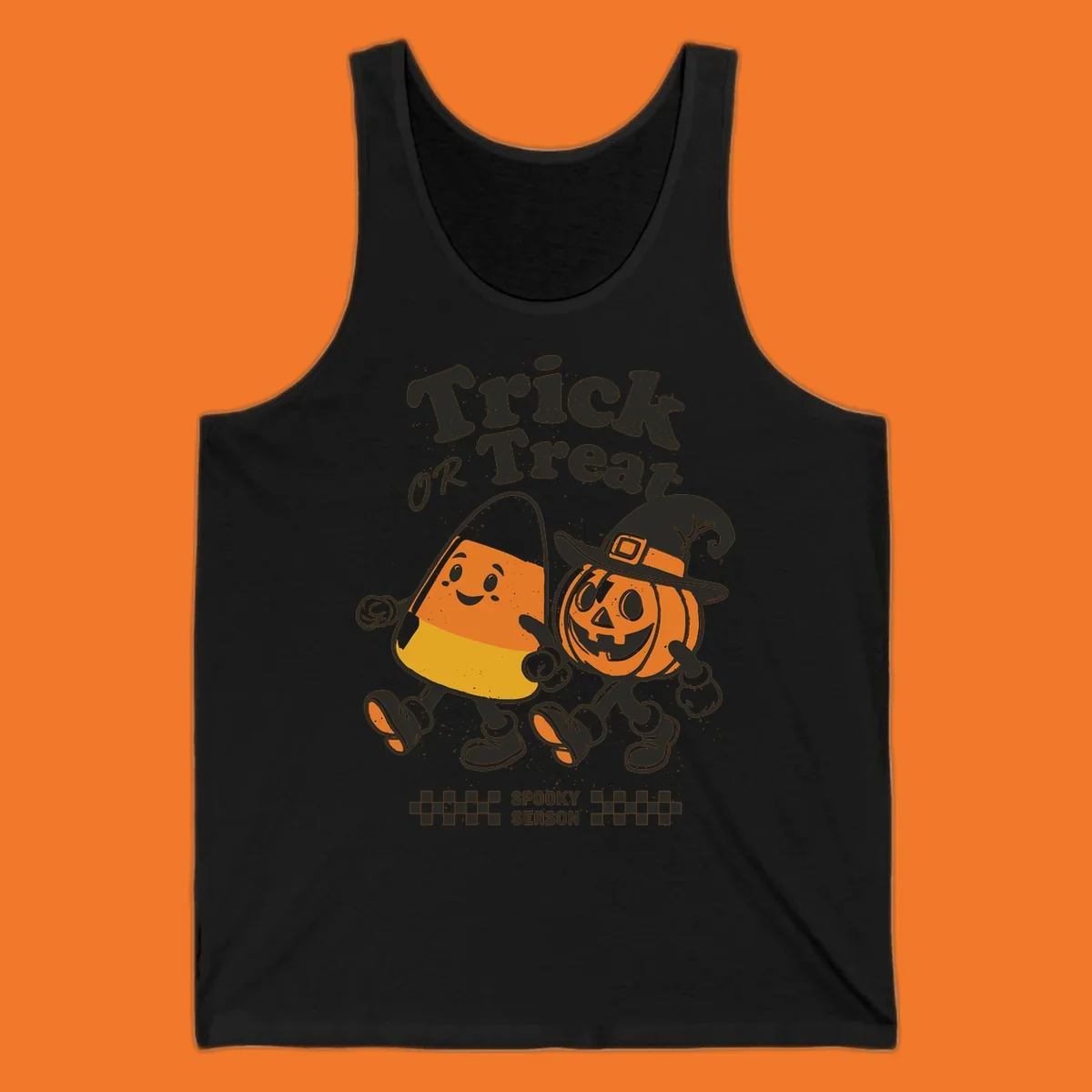 Trick or treat pals candy corn and pumpkin characters walking together, vintage style. Halloween design.