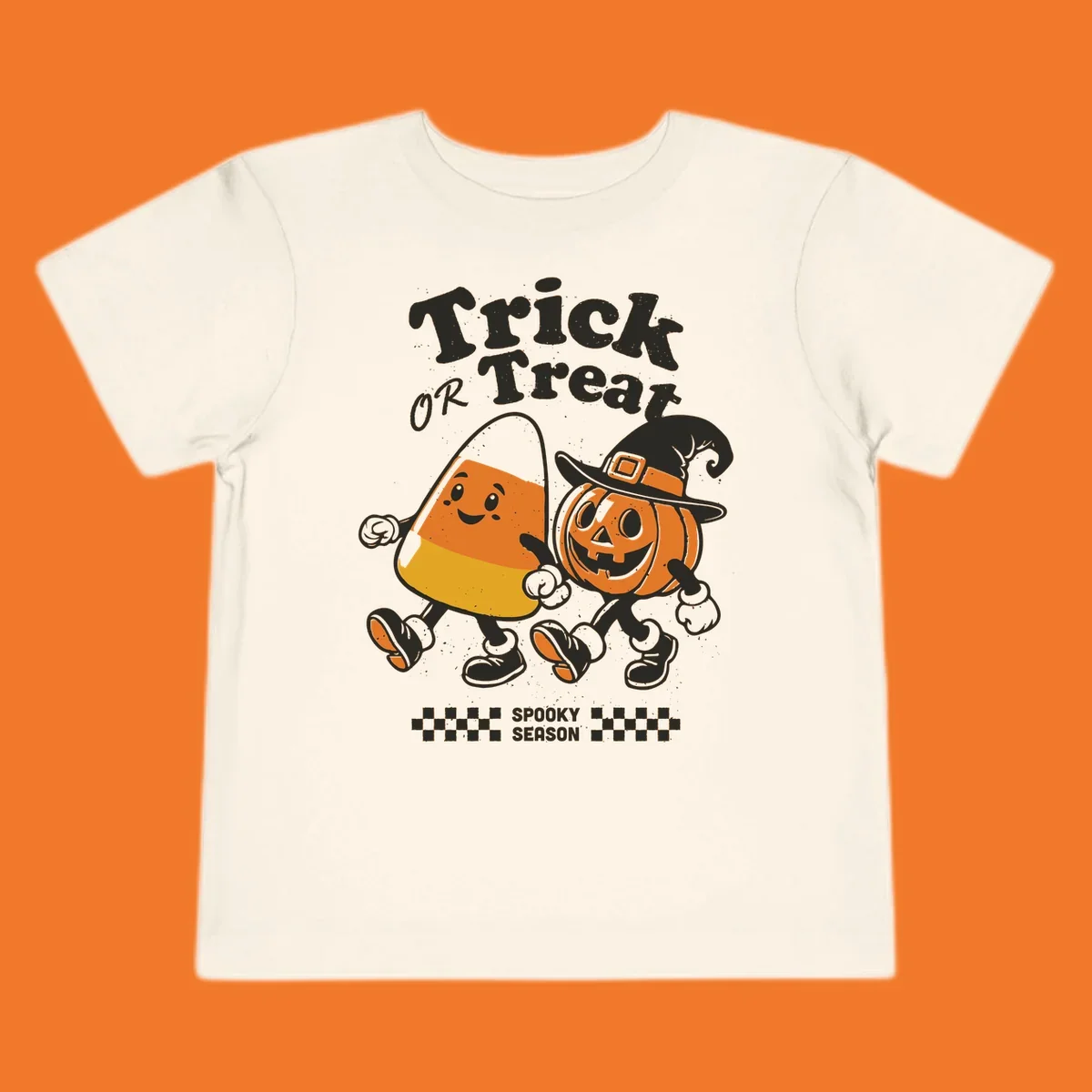 Trick or treat pals candy corn and pumpkin characters walking together, vintage style. Halloween design.