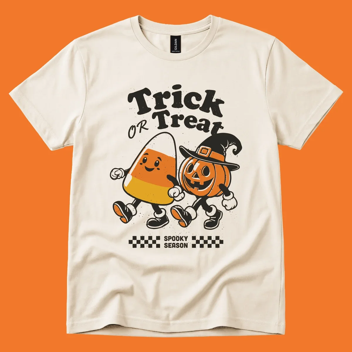 Trick or treat pals candy corn and pumpkin characters walking together, vintage style. Halloween design.